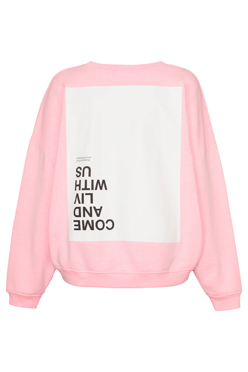 Back view of Liv Bergen Ella Come Sweater in pink with graphic text by liv bergen Shop liv bergen at Dotique