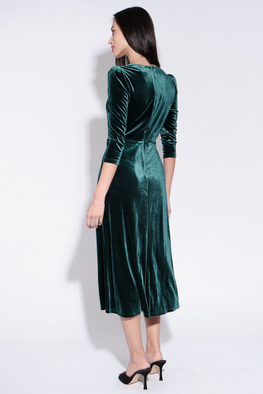 Louche Ambrose Green Velvet V-Neck Puff Shoulder Midi Dress - Dotique