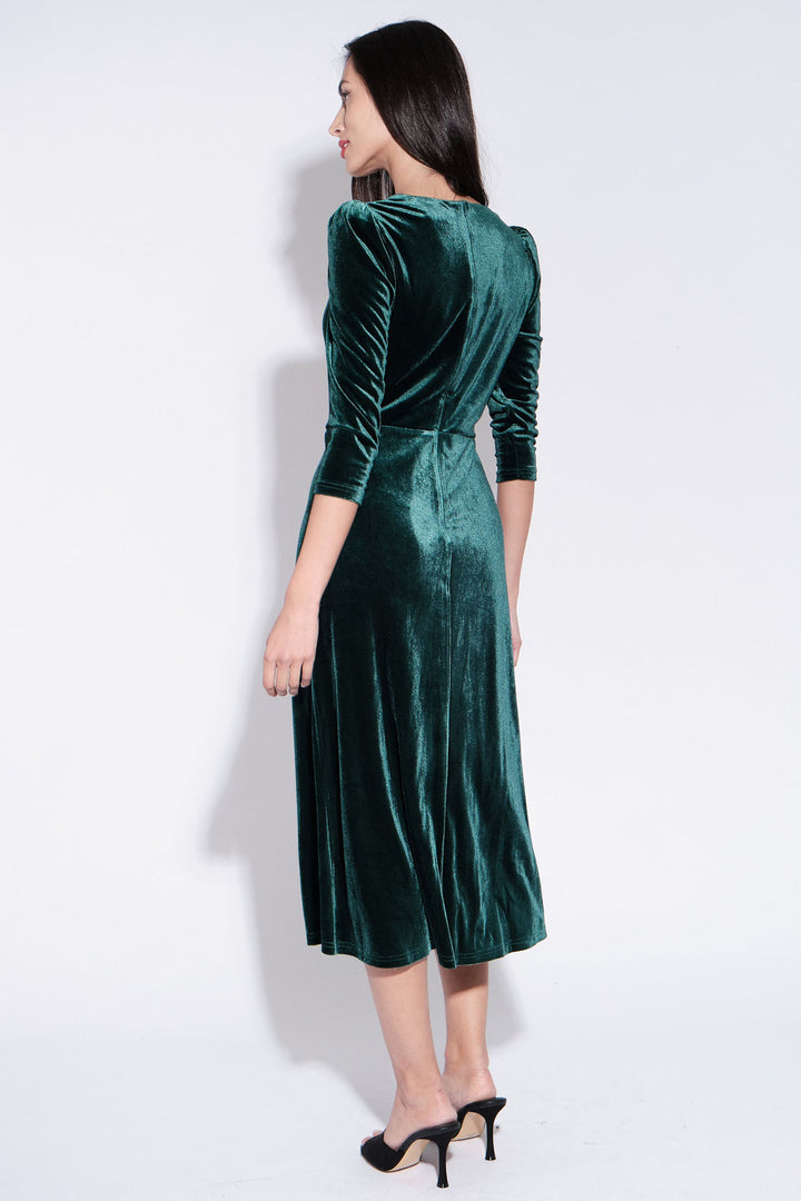 Louche Ambrose Green Velvet V-Neck Puff Shoulder Midi Dress - Dotique