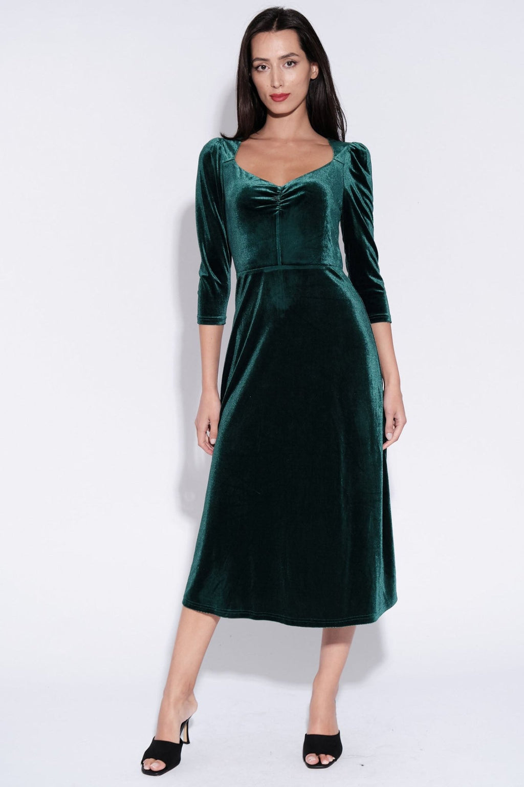 Louche Ambrose Green Velvet V-Neck Puff Shoulder Midi Dress - Dotique