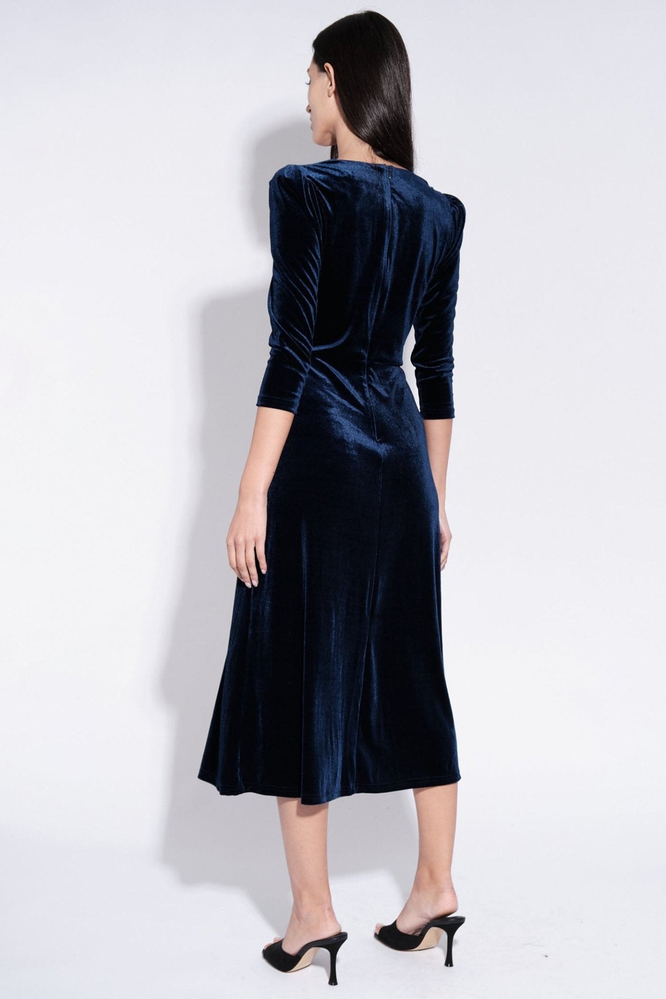 Louche Ambrose Navy Velvet V-Neck Puff Shoulder Midi Dress - Dotique