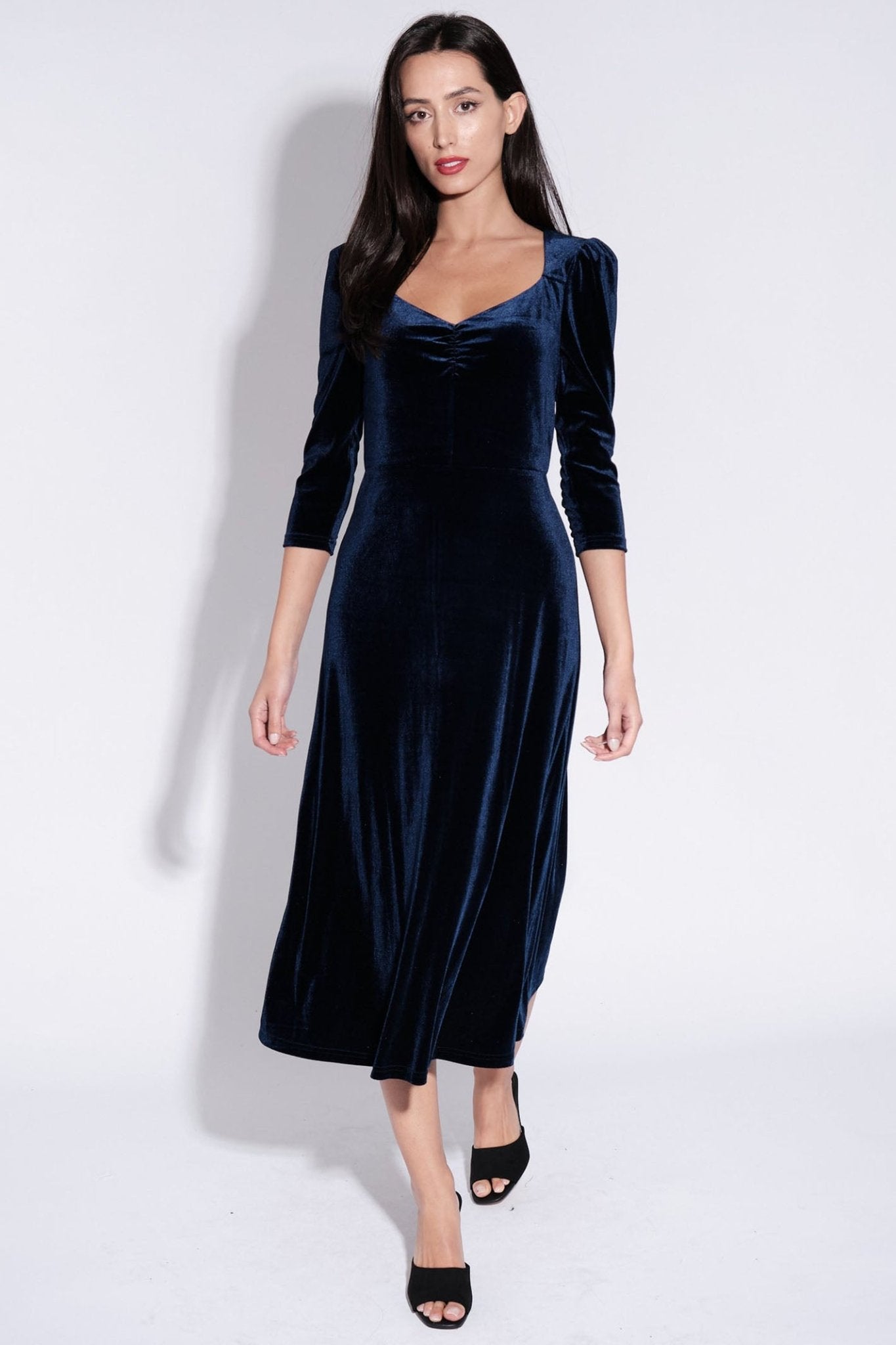 Louche Ambrose Navy Velvet V-Neck Puff Shoulder Midi Dress - Dotique