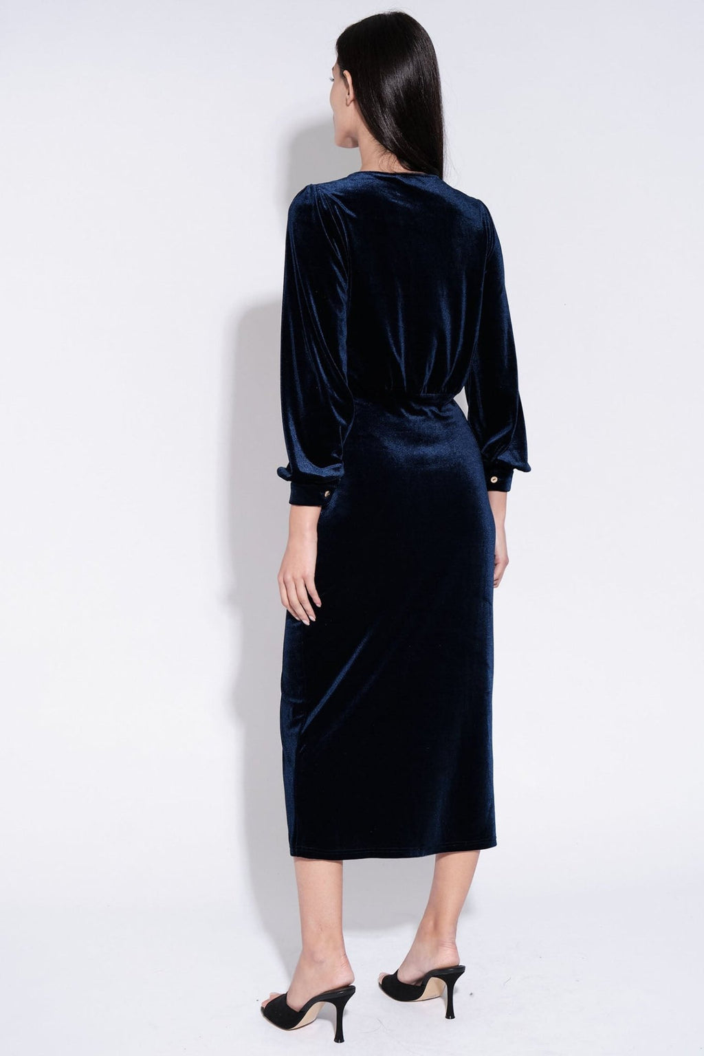 Louche Karen Navy Velvet Wrap Long Sleeve Midi Dress - Dotique