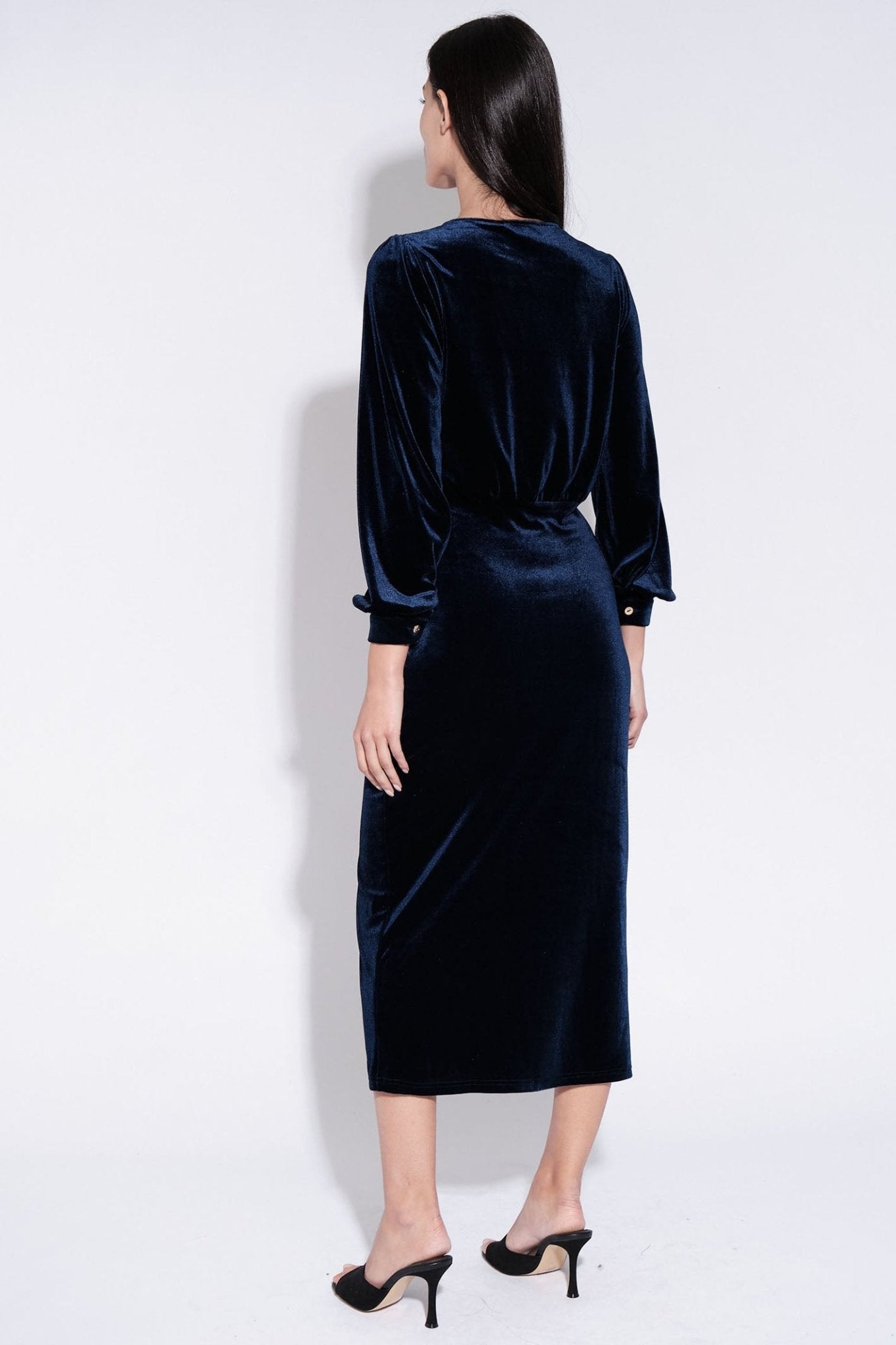 Louche Karen Navy Velvet Wrap Long Sleeve Midi Dress - Dotique