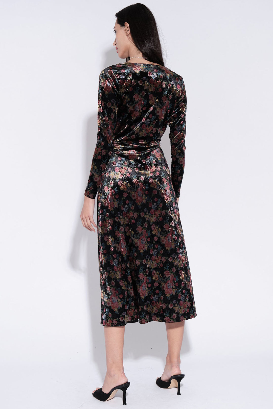 Louche Lesley Black Velvet Rose Bowl Print Wrap Midi Dress - Dotique