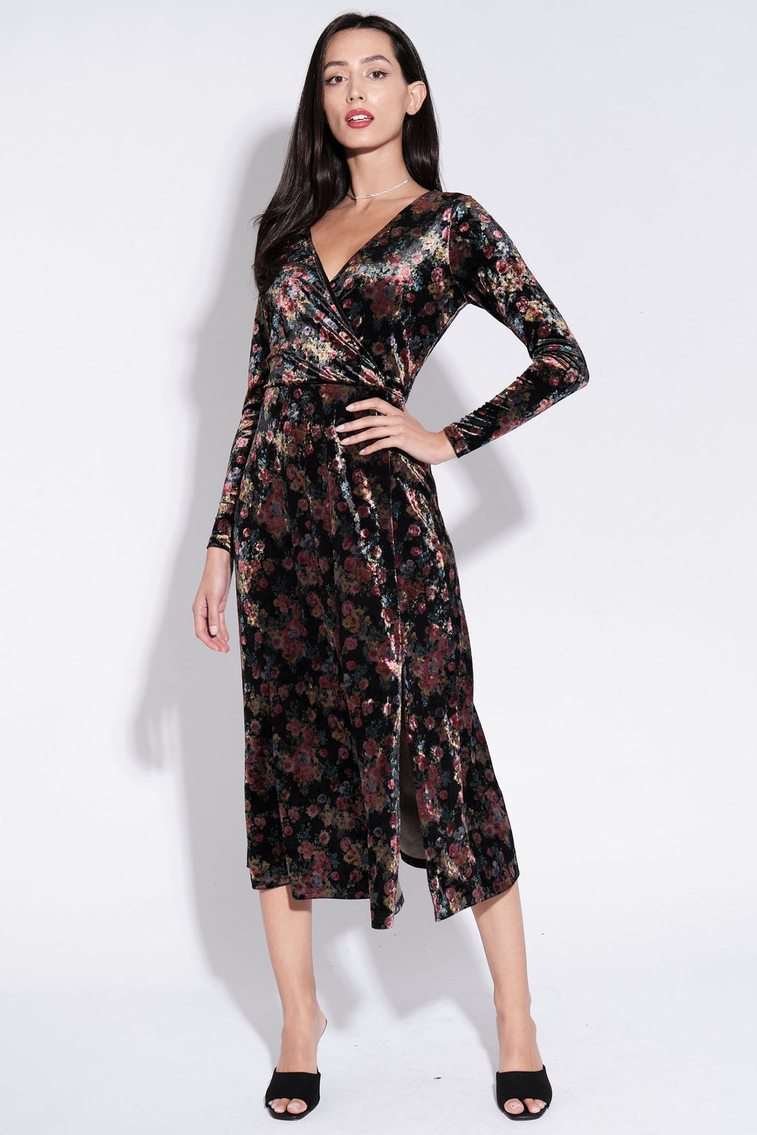 Louche Lesley Black Velvet Rose Bowl Print Wrap Midi Dress - Dotique