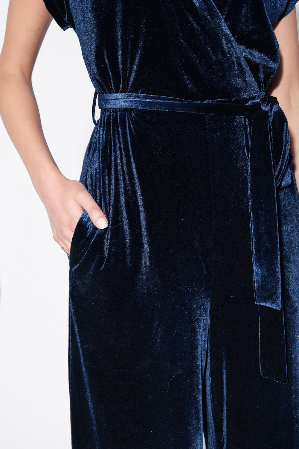 Louche Tiffany Navy Blue Velvet Cropped Leg Jumpsuit - Dotique