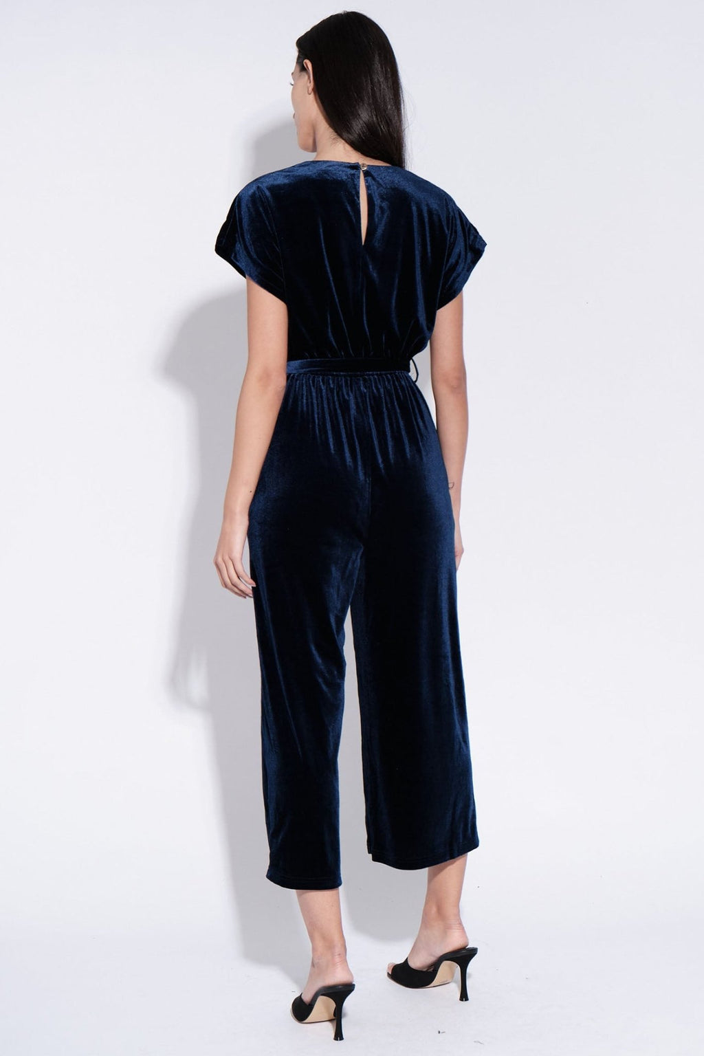 Louche Tiffany Navy Blue Velvet Cropped Leg Jumpsuit - Dotique