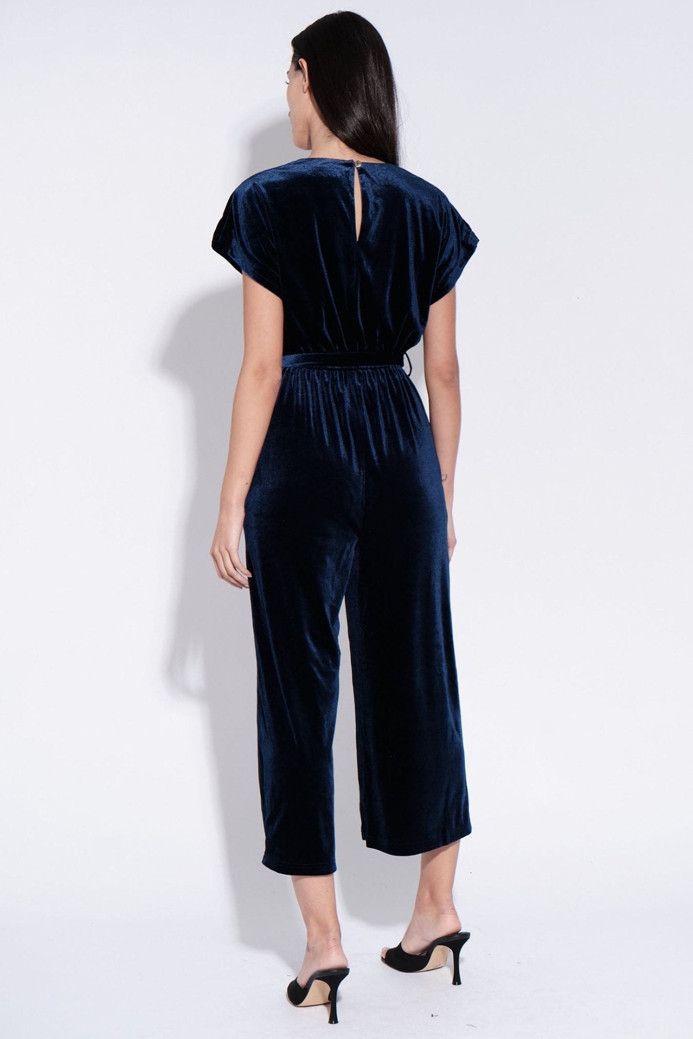 Louche Tiffany Navy Blue Velvet Cropped Leg Jumpsuit - Dotique
