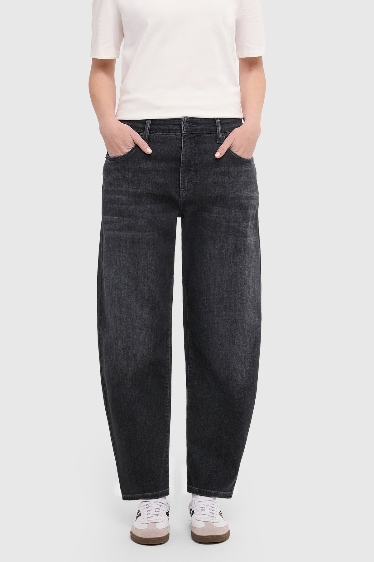 Angled front view of MAC Jeans Danni Barrel Jeans Authentic Black 3110-90-0389L-D956