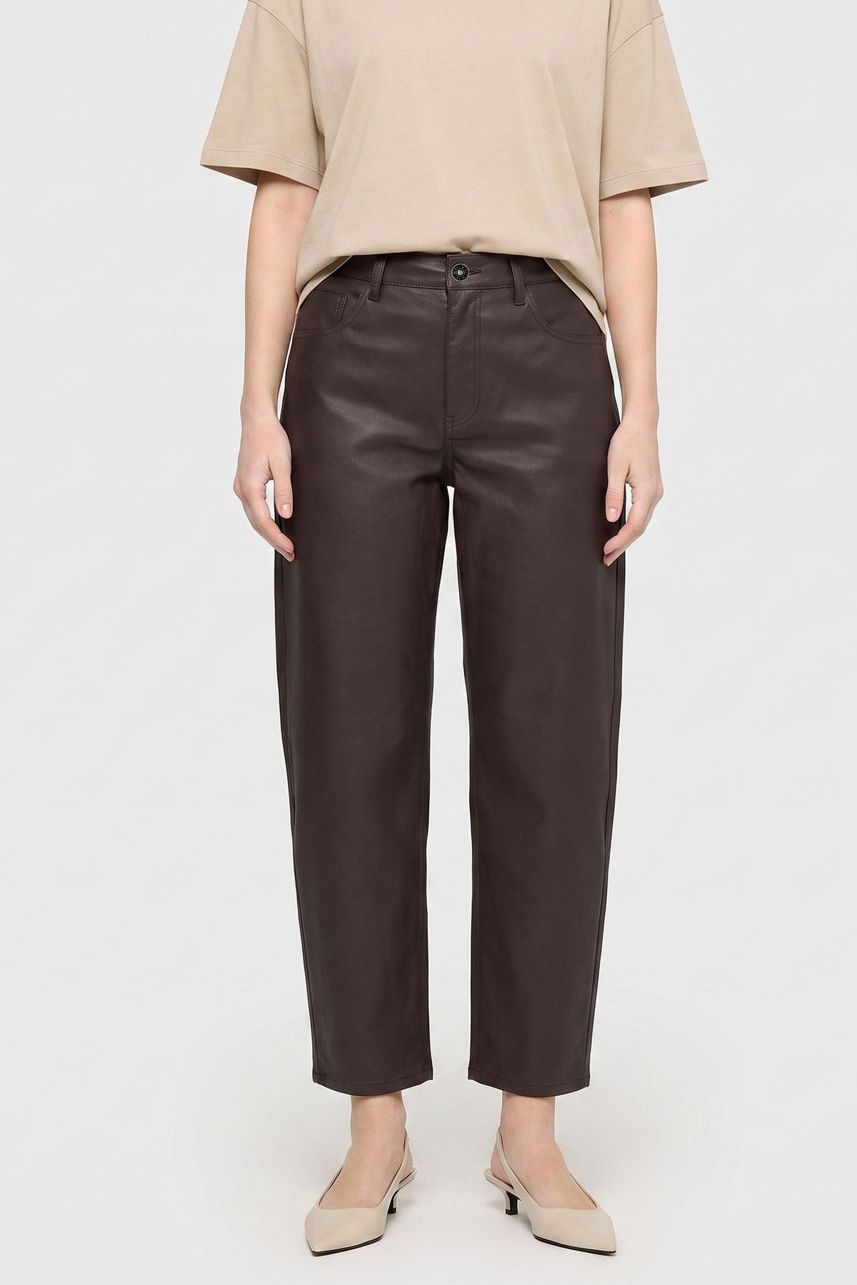 Front view of MAC Jeans Danni 2.3 Coated Barrel Jeans – Truffle Brown 3107-00-0465-293