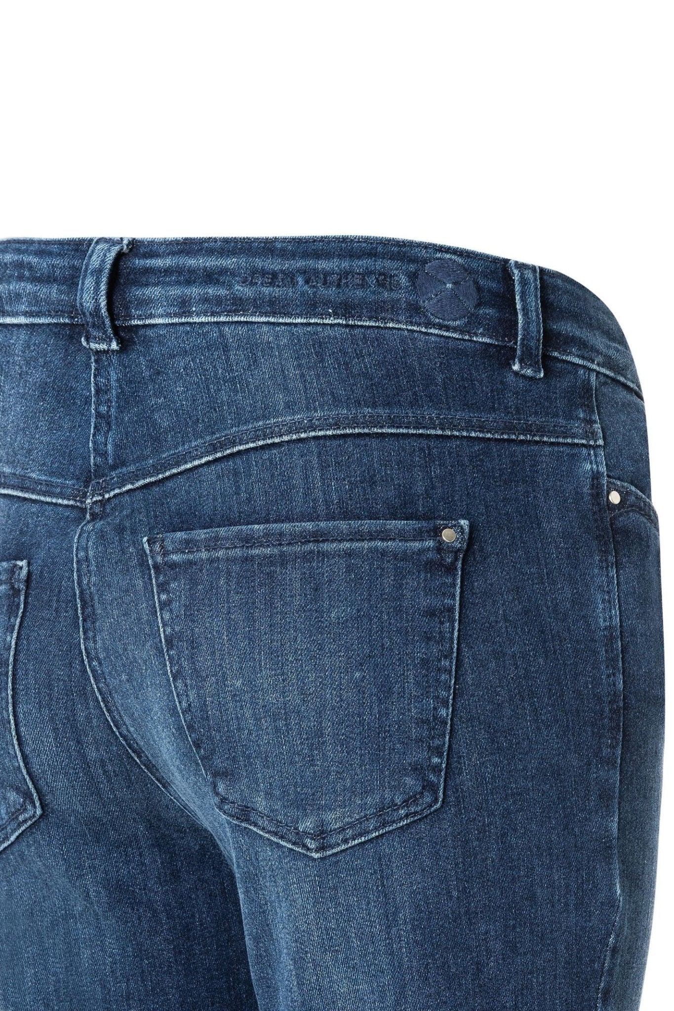 Close-up of MAC Jeans Dream Bootcut Jeans 5429-90-D574 Dark Denim back pocket by Mac Jeans Shop at Dotique