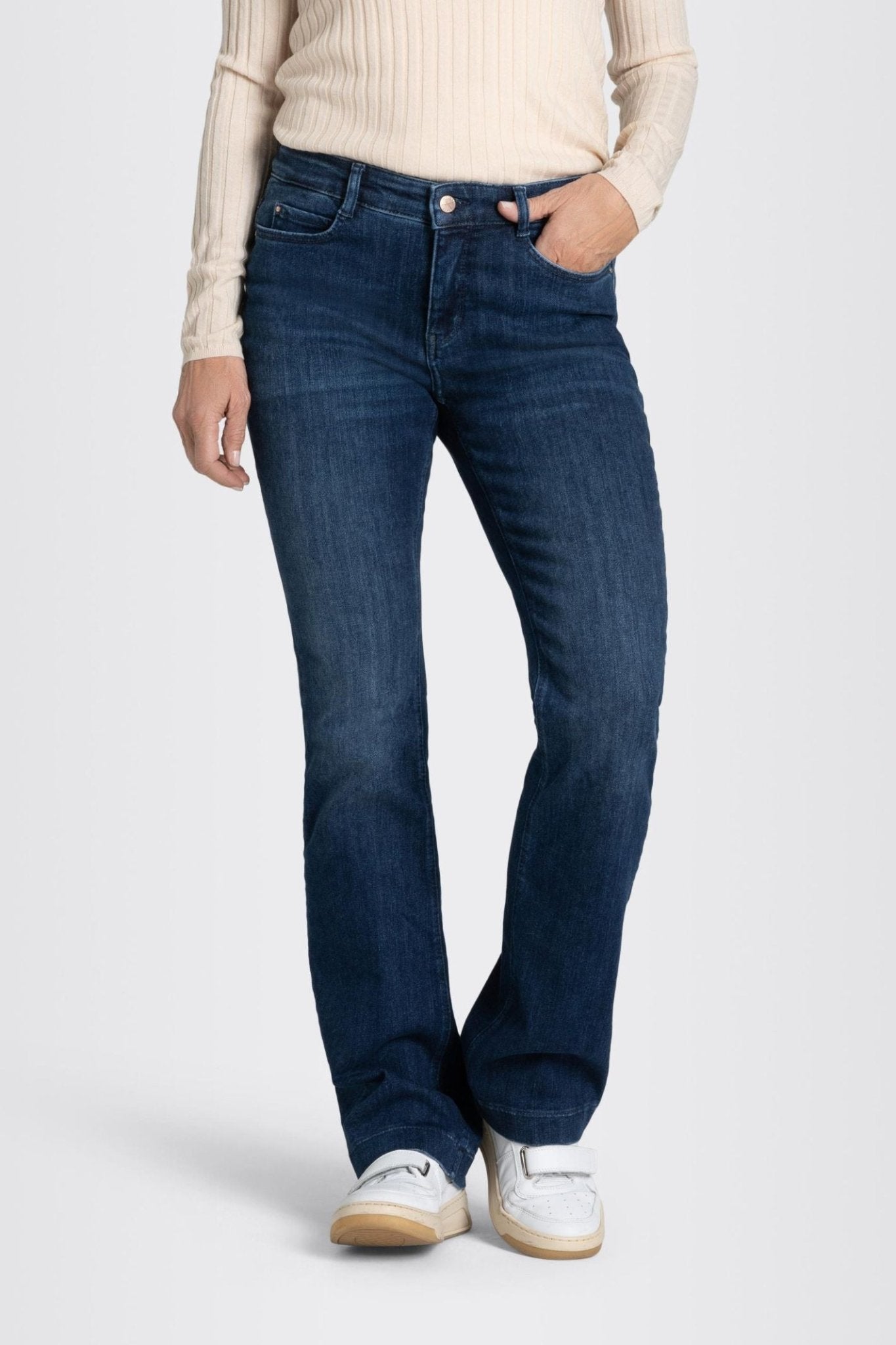 Model wearing MAC Jeans Dream Bootcut Jeans 5429-90-D574 Dark Denim by Mac Jeans, shop Mac Jeans at Dotique.