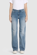 Model wearing MAC Dream Wide Authentic Sky Blue Wash wide leg stretch jeans in a light blue denim wash.