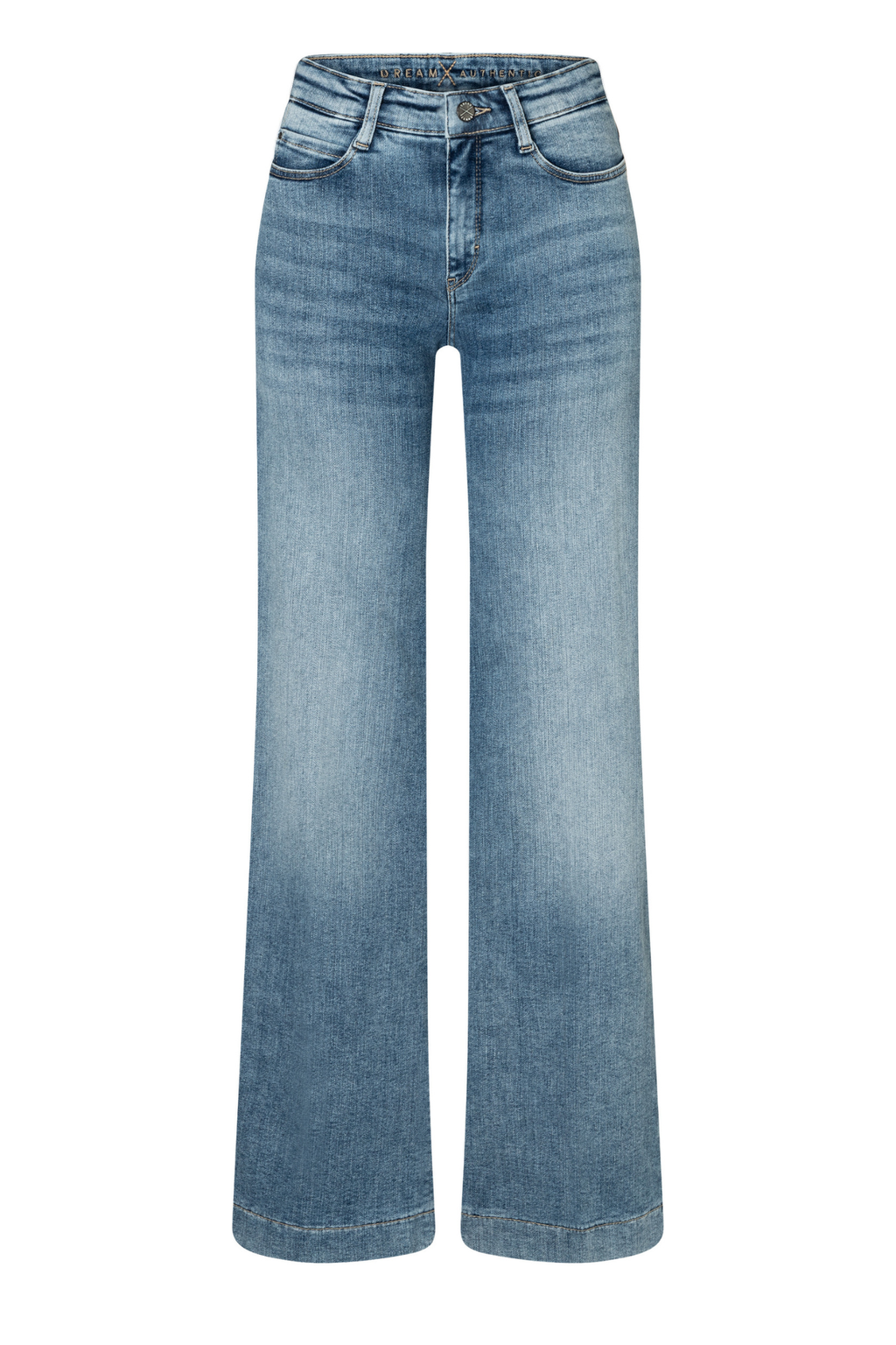 Model wearing MAC Dream Wide Authentic Sky Blue Wash wide leg stretch jeans in a light blue denim wash. Shop MAC Jeans at Dotique.