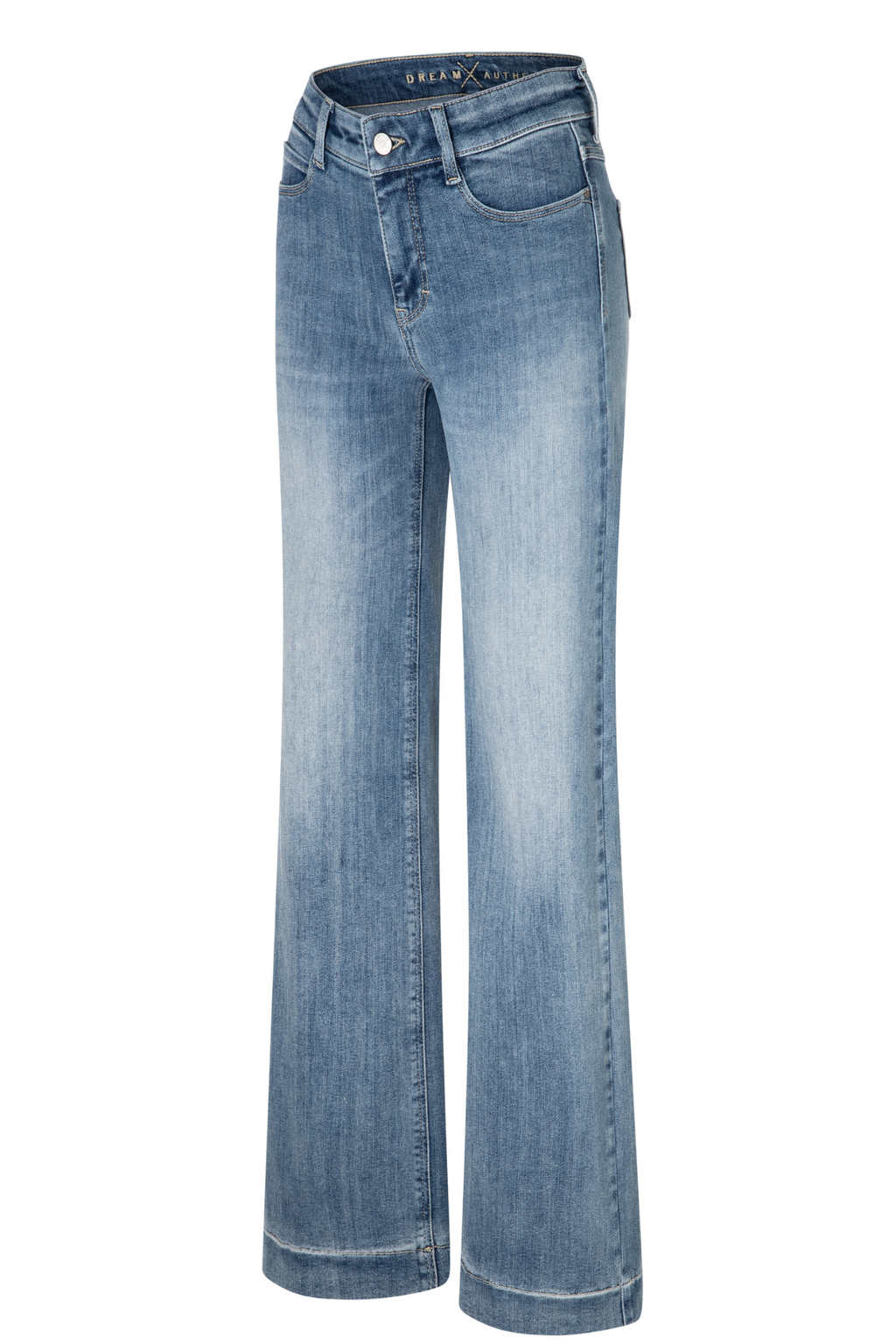 Model wearing MAC Dream Wide Authentic Sky Blue Wash wide leg stretch jeans in a light blue denim wash. Shop MAC Jeans at Dotique.