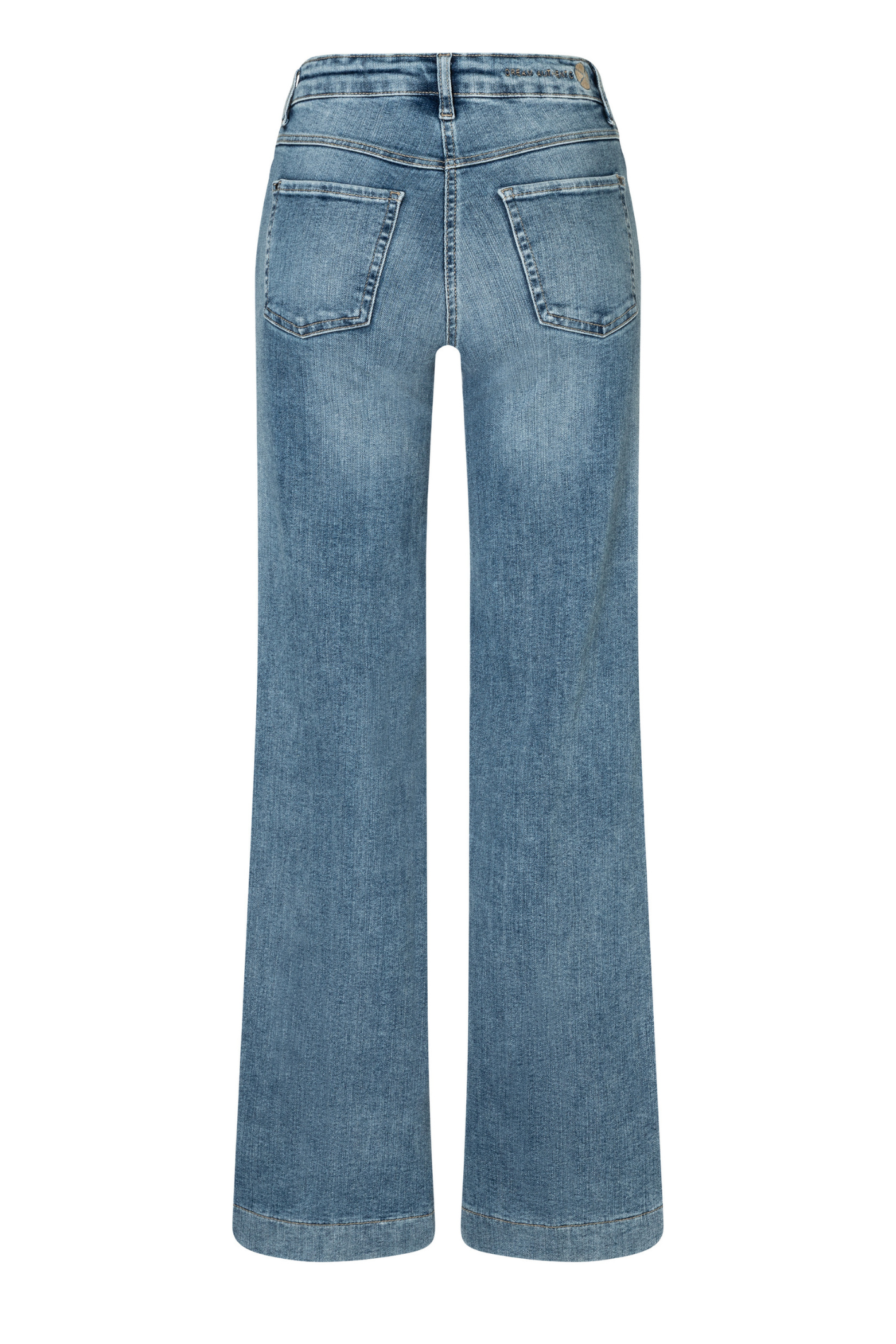 Model wearing MAC Dream Wide Authentic Sky Blue Wash wide leg stretch jeans in a light blue denim wash. Shop MAC Jeans at Dotique.