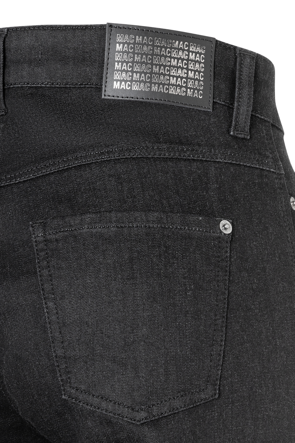 Close-up of back pocket and MAC logo patch on MAC Jeans 5228-90-0387L D999 Black Wide Authentic Stretch Denim Jeans by Mac Jeans, shop Mac Jeans at Dotique