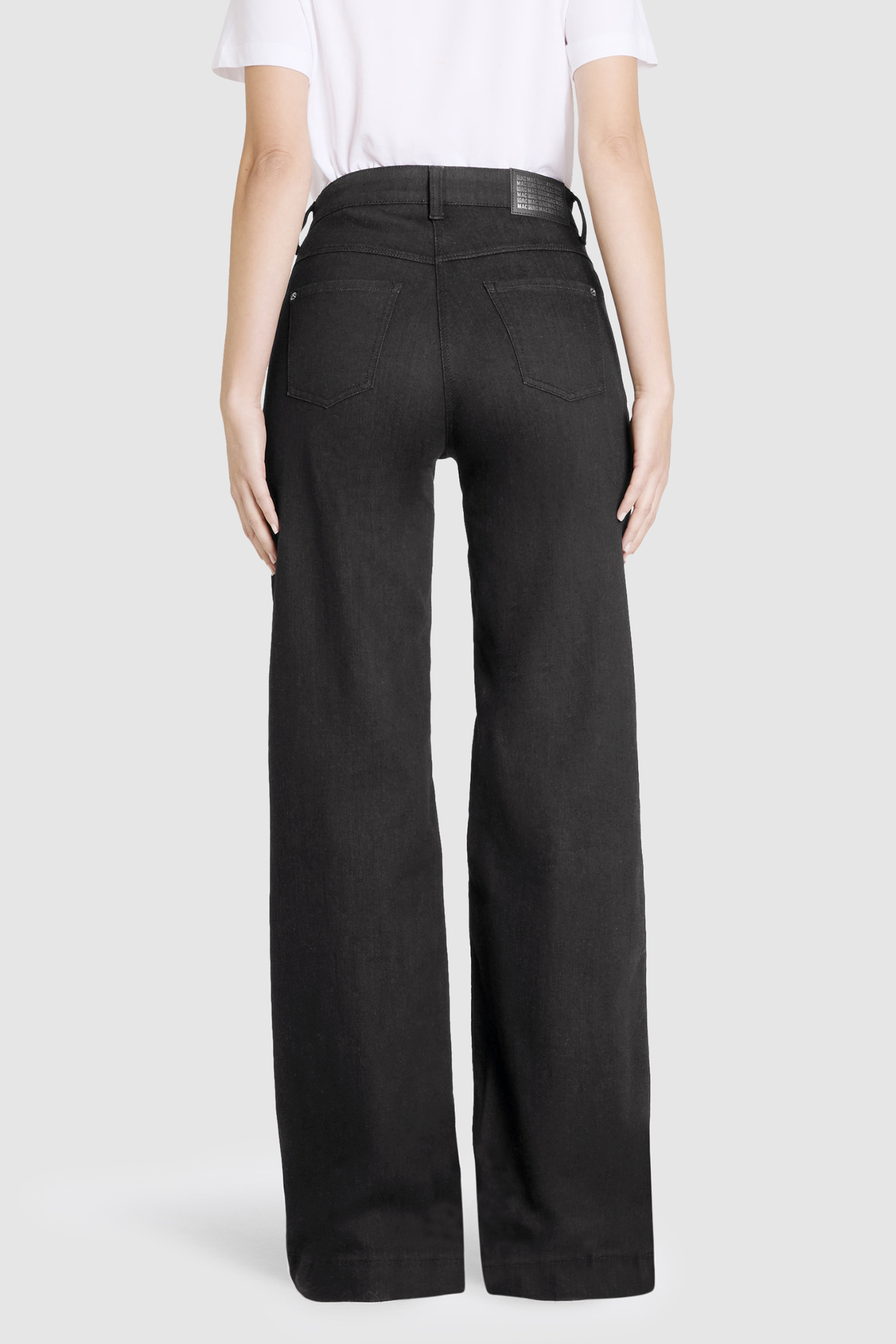 Back view of MAC Jeans 5228-90-0387L D999 Black Wide Authentic Stretch Denim Jeans by Mac Jeans, shop Mac Jeans at Dotique