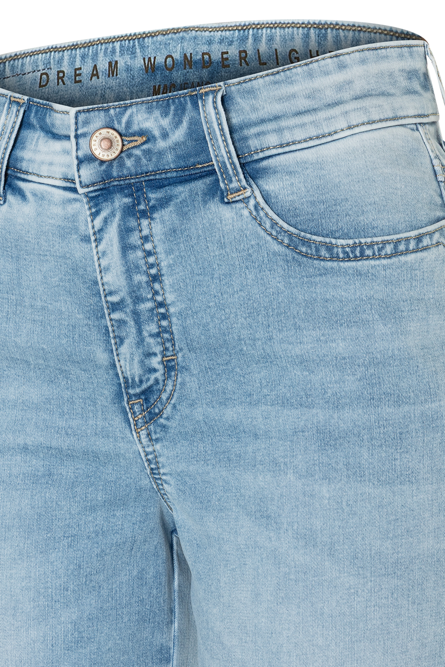 Close-up of light azure blue denim jeans with button and pockets featuring MAC Jeans 5438-90-D237 Dream Wide Cropped Light Azure Blue by Mac Jeans, shop Mac Jeans at Dotique.
