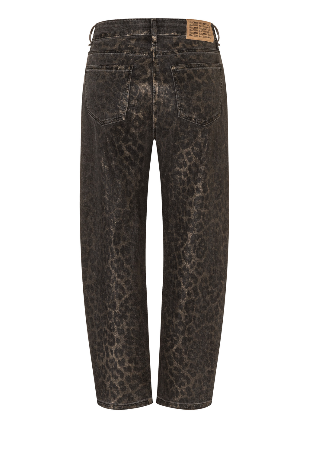 Shop MAC Jeans Danni Leo Coated Barrel Jeans in Brown at Dotique. A relaxed barrel-leg jean in brown leopard print with a subtle coated finish.