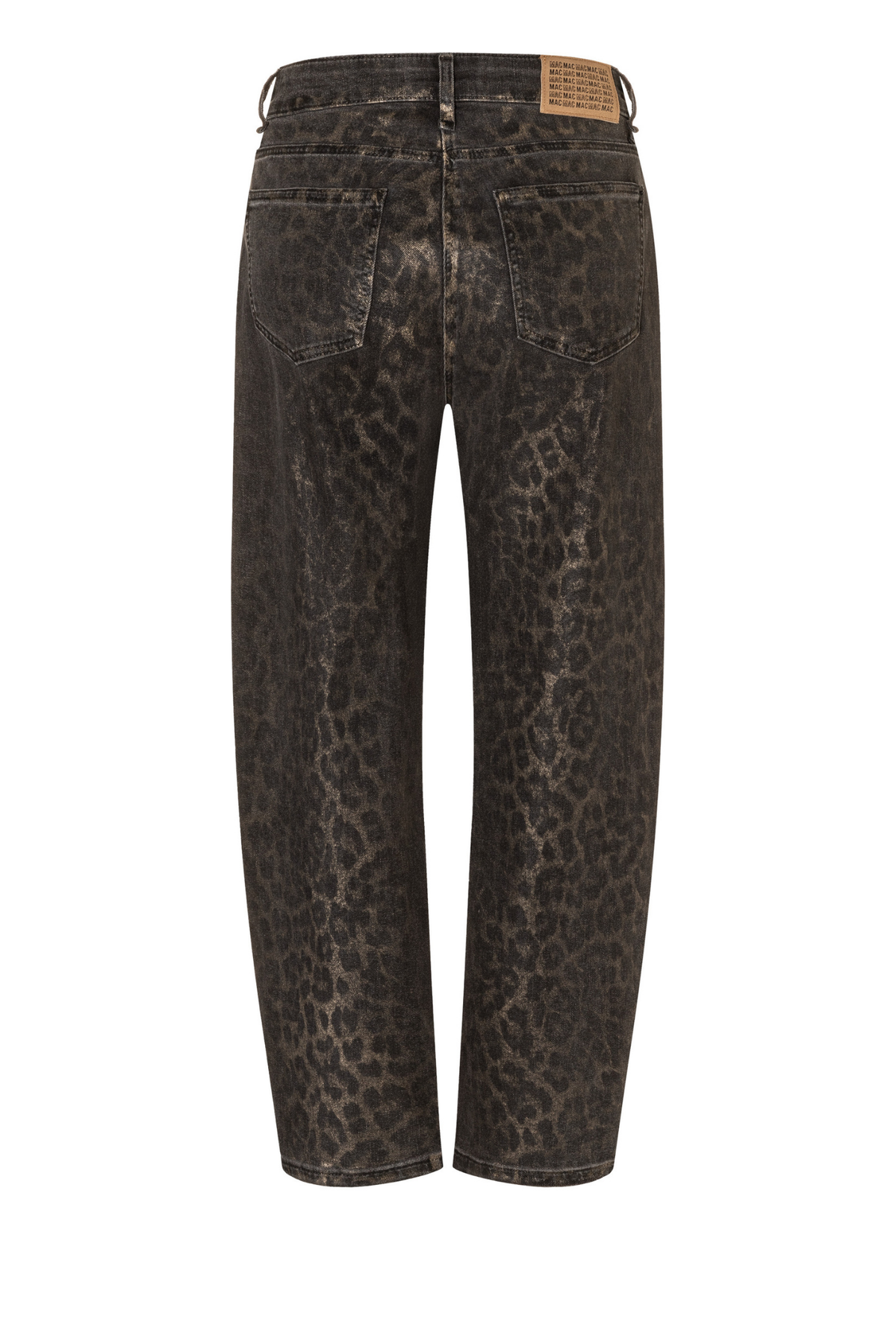 Shop MAC Jeans Danni Leo Coated Barrel Jeans in Brown at Dotique. A relaxed barrel-leg jean in brown leopard print with a subtle coated finish.