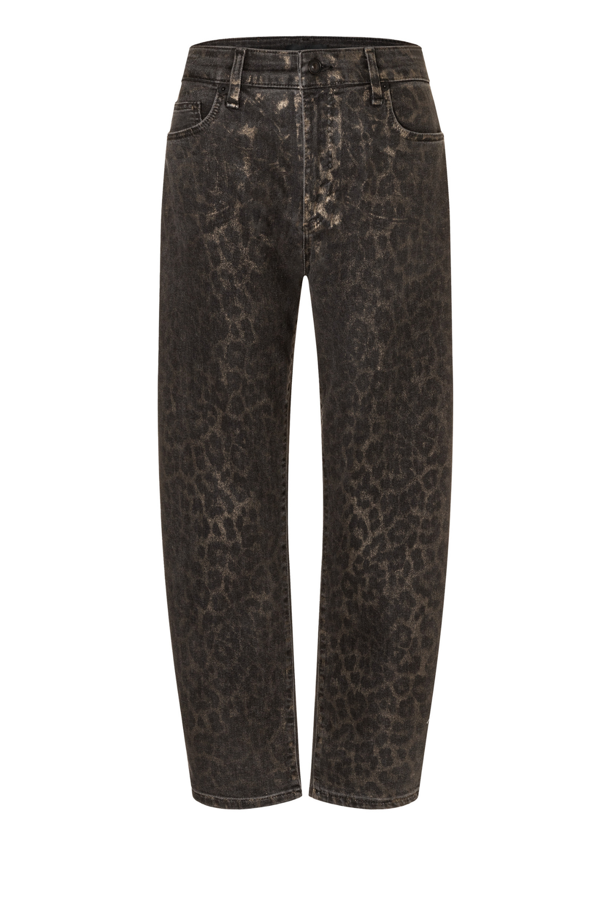 Shop MAC Jeans Danni Leo Coated Barrel Jeans in Brown at Dotique. A relaxed barrel-leg jean in brown leopard print with a subtle coated finish.