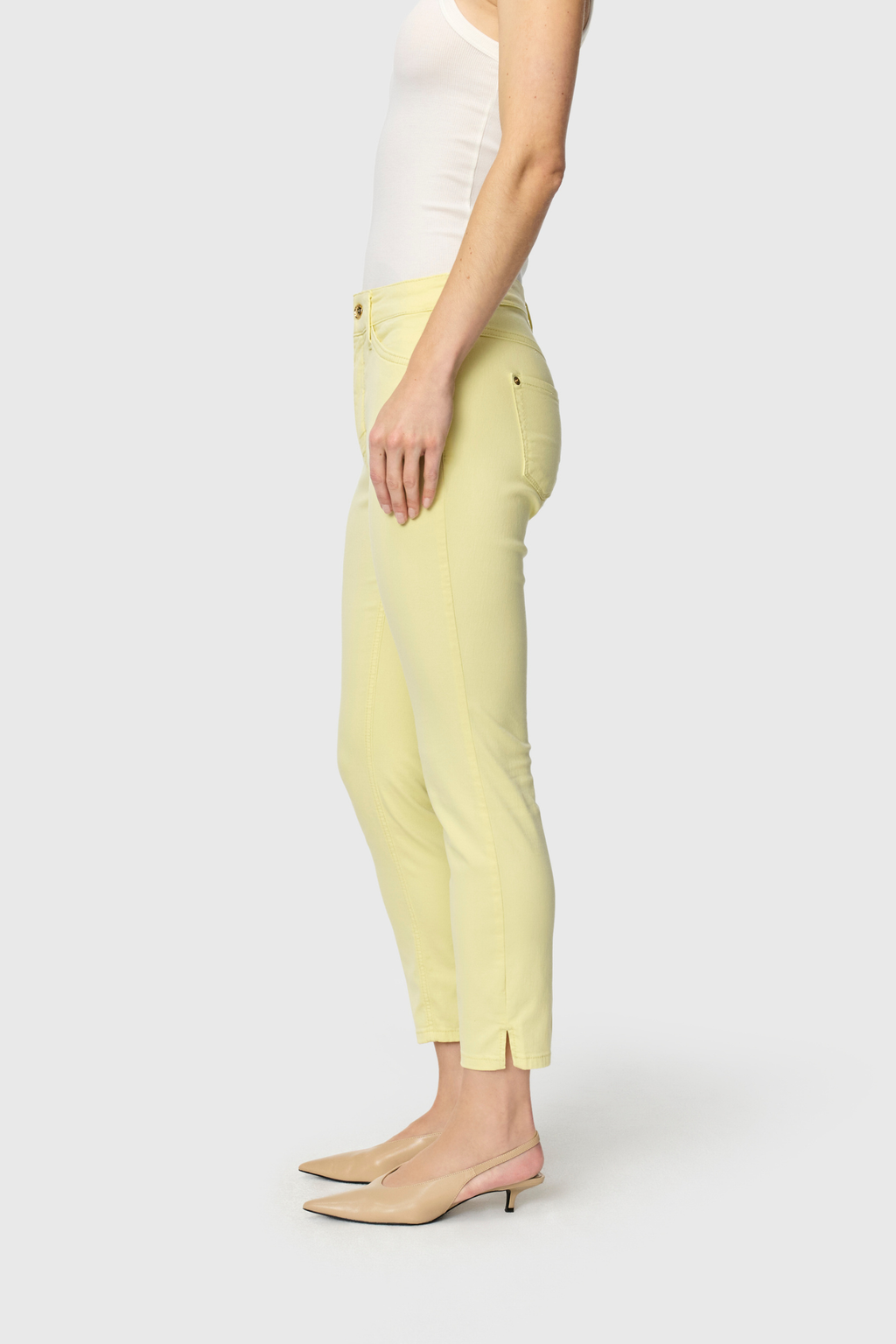 Side view of model wearing MAC Jeans Dream Summer Light Sunny Yellow L26 5492-0351-518R by Mac Jeans Shop at Dotique