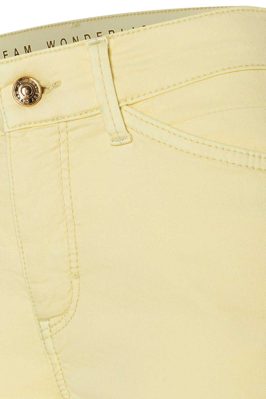Close-up of light sunny yellow MAC Jeans Dream Summer L26 5492-0351-518R by Mac Jeans available to shop at Dotique