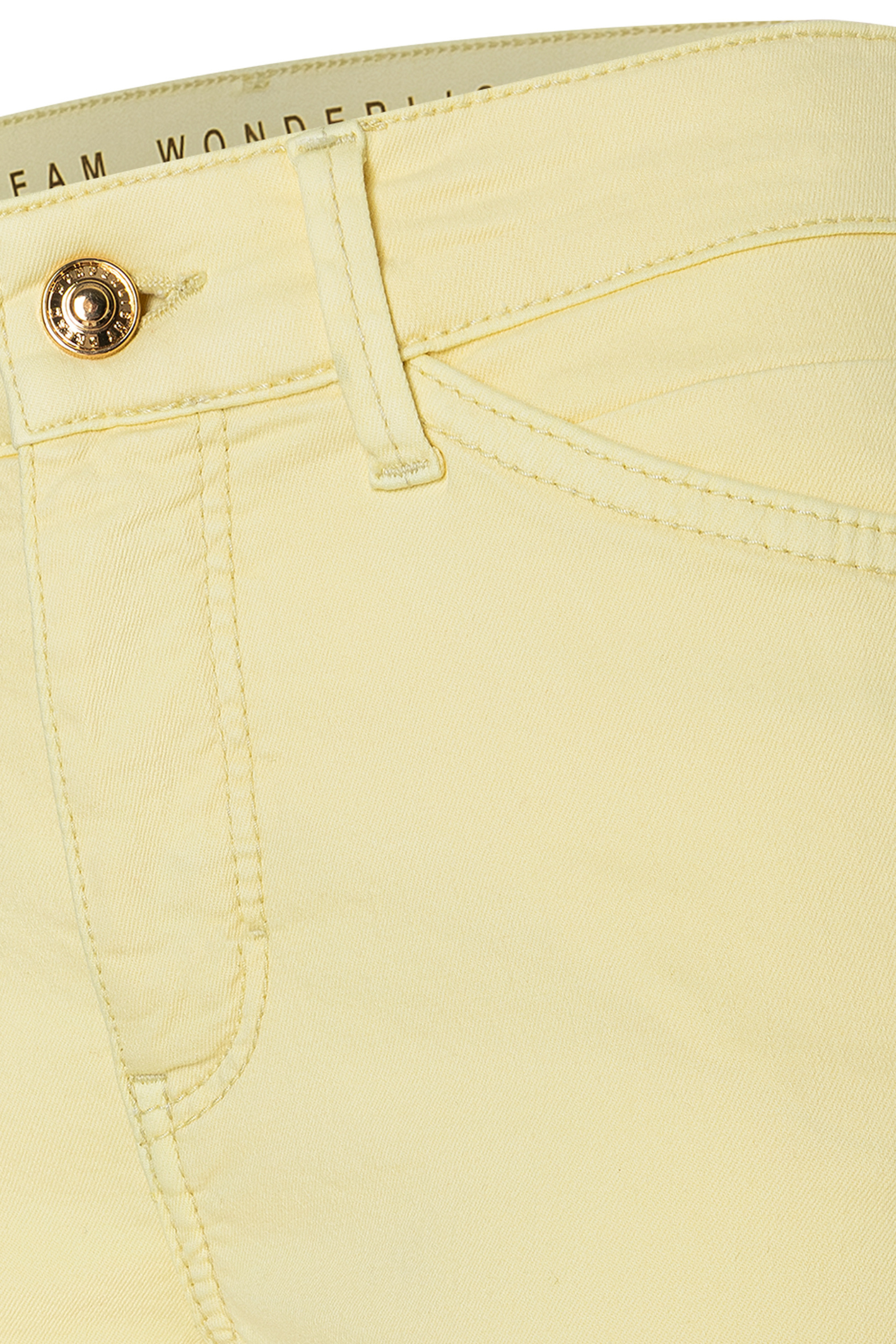 Close-up of light sunny yellow MAC Jeans Dream Summer L26 5492-0351-518R by Mac Jeans available to shop at Dotique