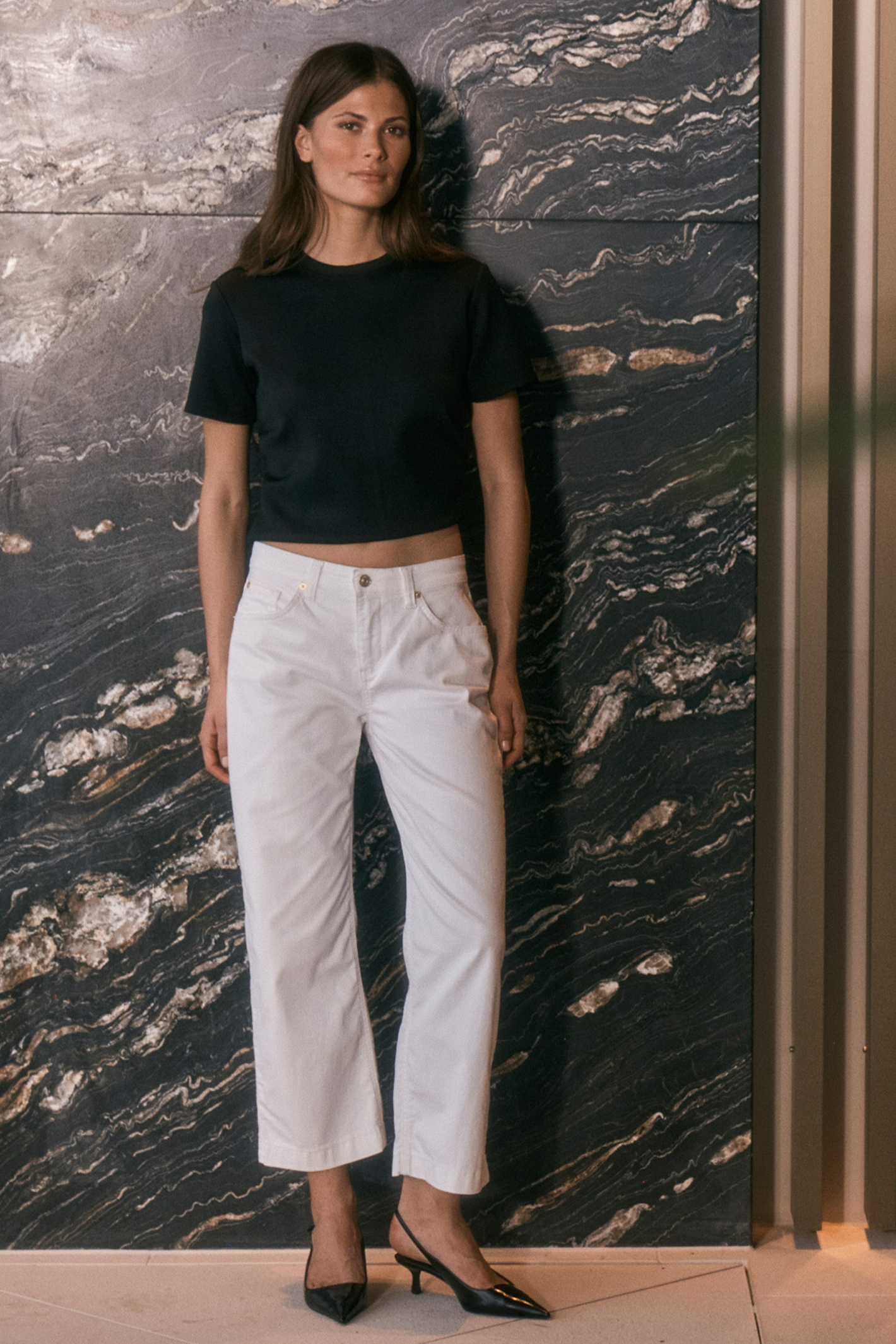 Model wearing MAC Jeans White Denim Culotte 5984-9B-0391L D010 by Mac Jeans, shop Mac Jeans at Dotique