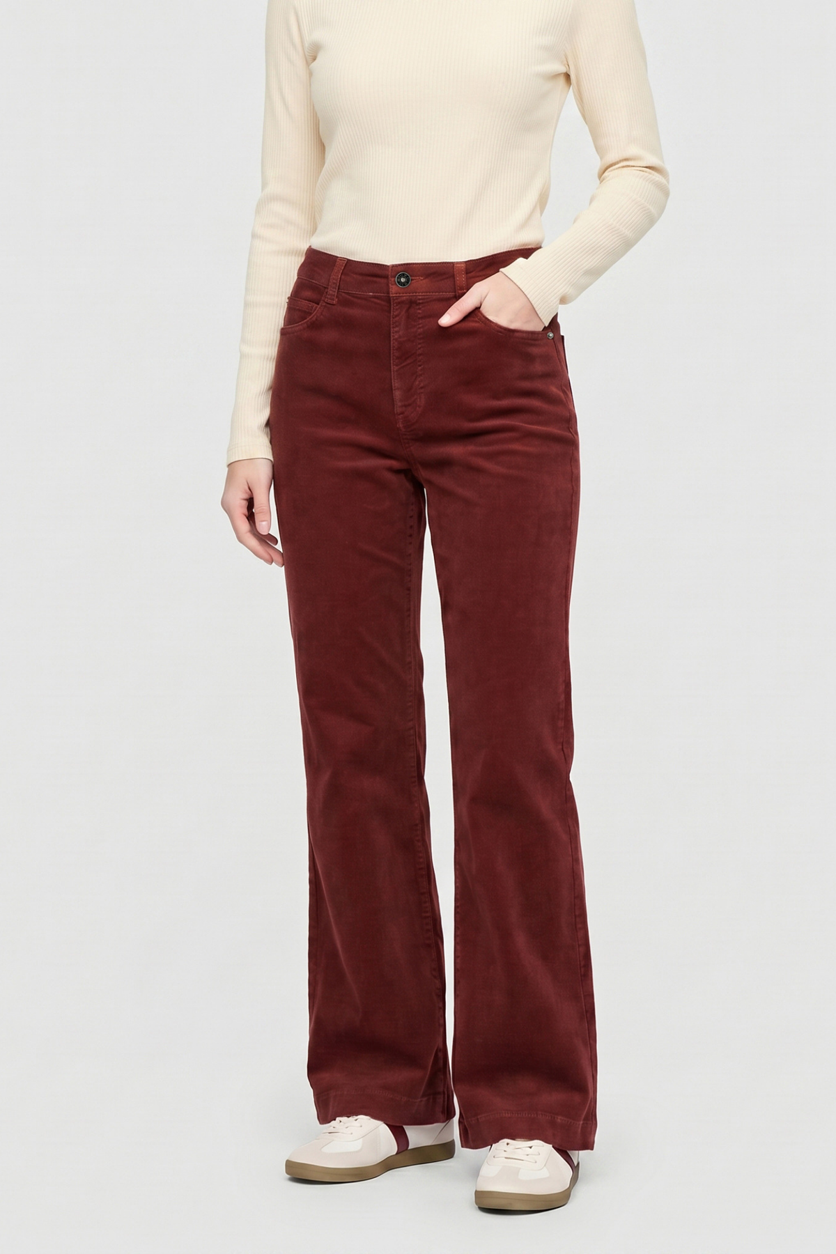 Model wearing MAC Jeans Wide Soft Baby Cord Trousers Rust Red 5228-00-0422-495R by Mac Jeans can Shop Mac Jeans at Dotique