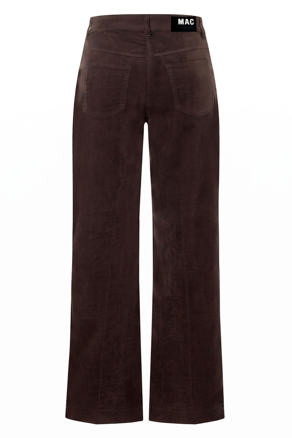 Brown wide leg pants with back pockets and a MAC label centered on a white background