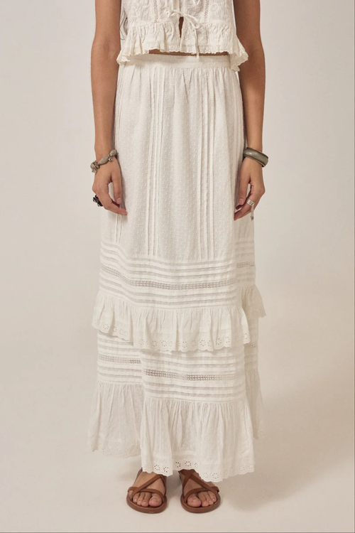 Maison Hotel Allegra Skirt Ponza Moonstone in white lace detail, shop Maison Hotel at Dotique for elegant style.