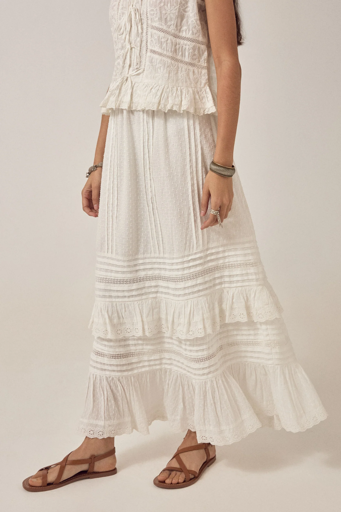 Maison Hotel Allegra Skirt Ponza Moonstone styled with sandals, shop Maison Hotel at Dotique for elegant bohemian fashion.