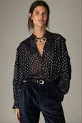 Shop the Maison Hotel Simona Blouse in Sienna Navy at Dotique. A lightweight printed blouse with subtle lurex, ruffle detailing and button front.