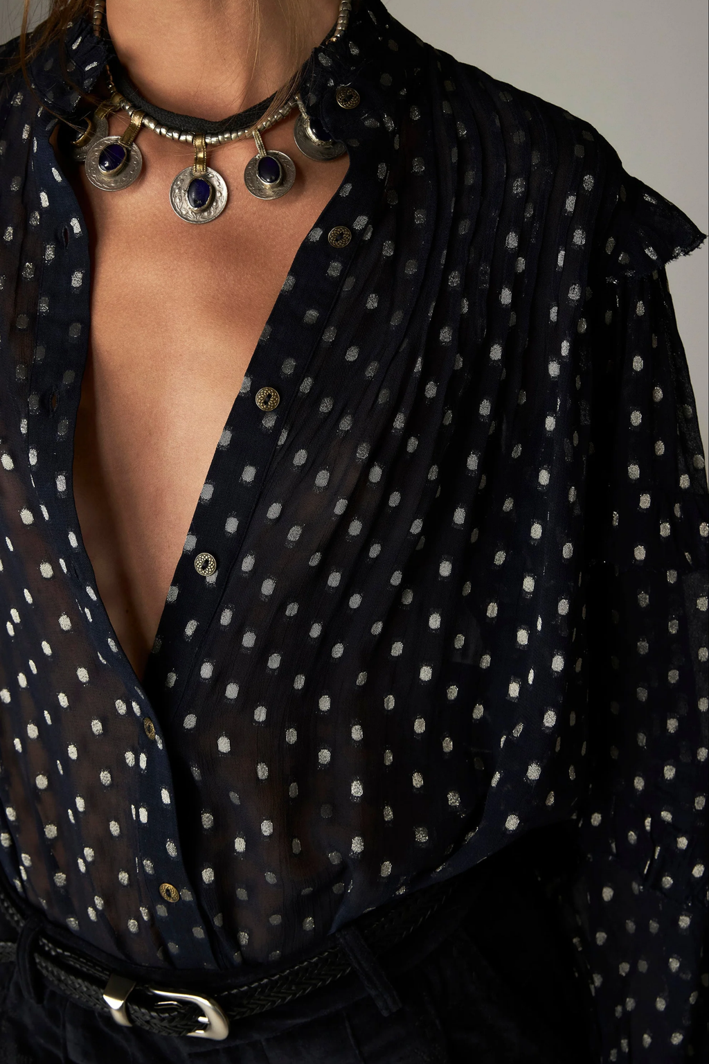 Shop the Maison Hotel Simona Blouse in Sienna Navy at Dotique. A lightweight printed blouse with subtle lurex, ruffle detailing and button front.