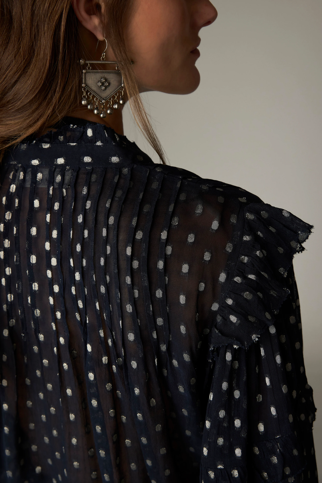 Shop the Maison Hotel Simona Blouse in Sienna Navy at Dotique. A lightweight printed blouse with subtle lurex, ruffle detailing and button front.