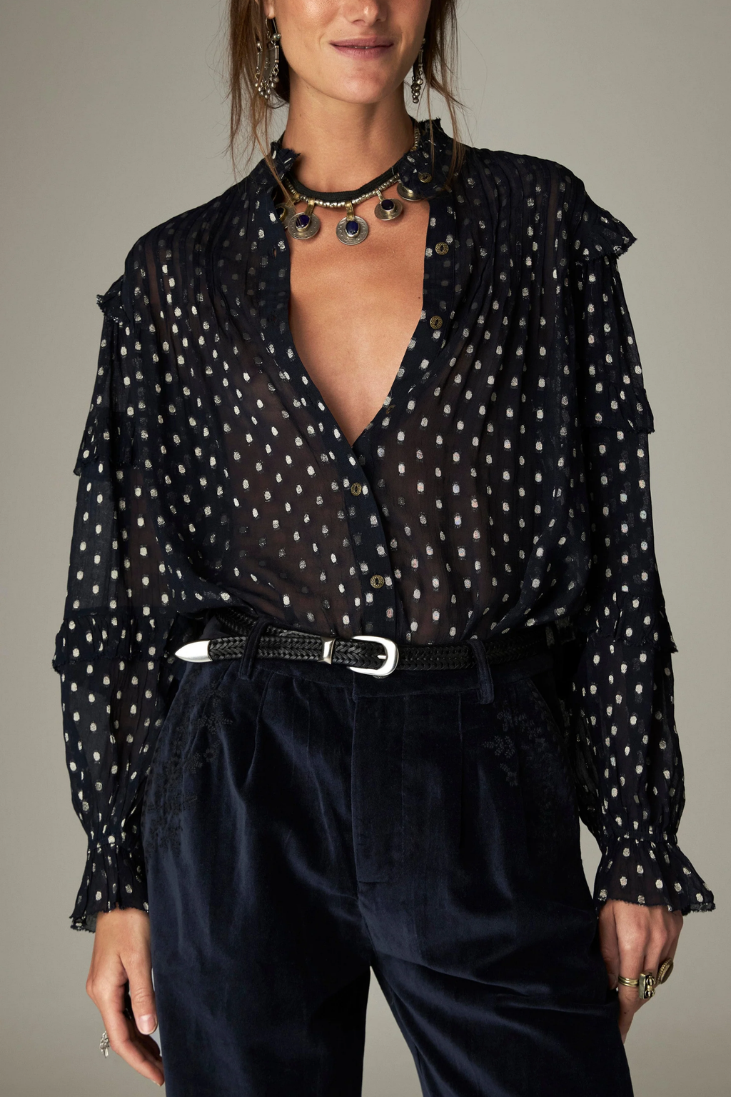 Shop the Maison Hotel Simona Blouse in Sienna Navy at Dotique. A lightweight printed blouse with subtle lurex, ruffle detailing and button front.