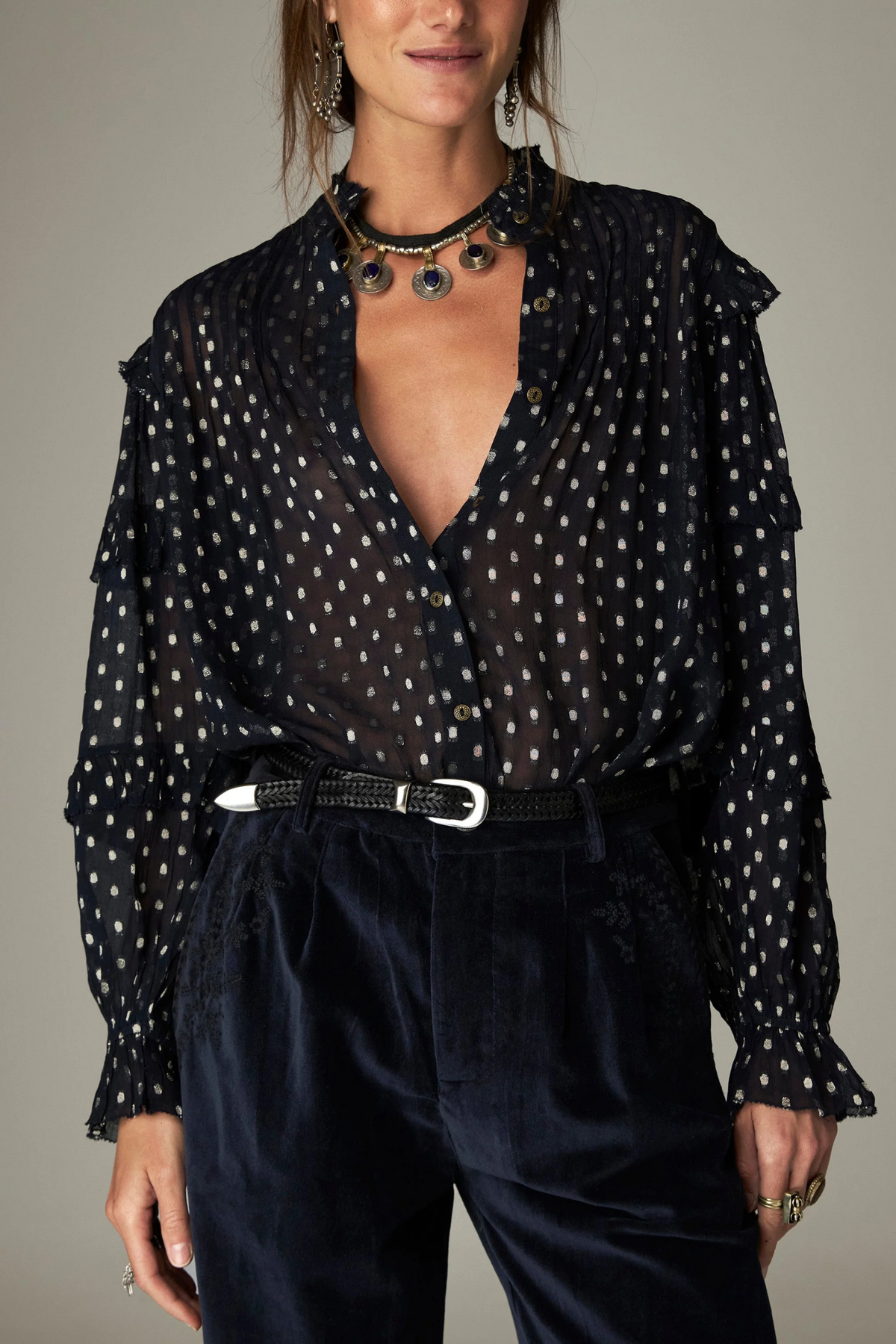 Shop the Maison Hotel Simona Blouse in Sienna Navy at Dotique. A lightweight printed blouse with subtle lurex, ruffle detailing and button front.