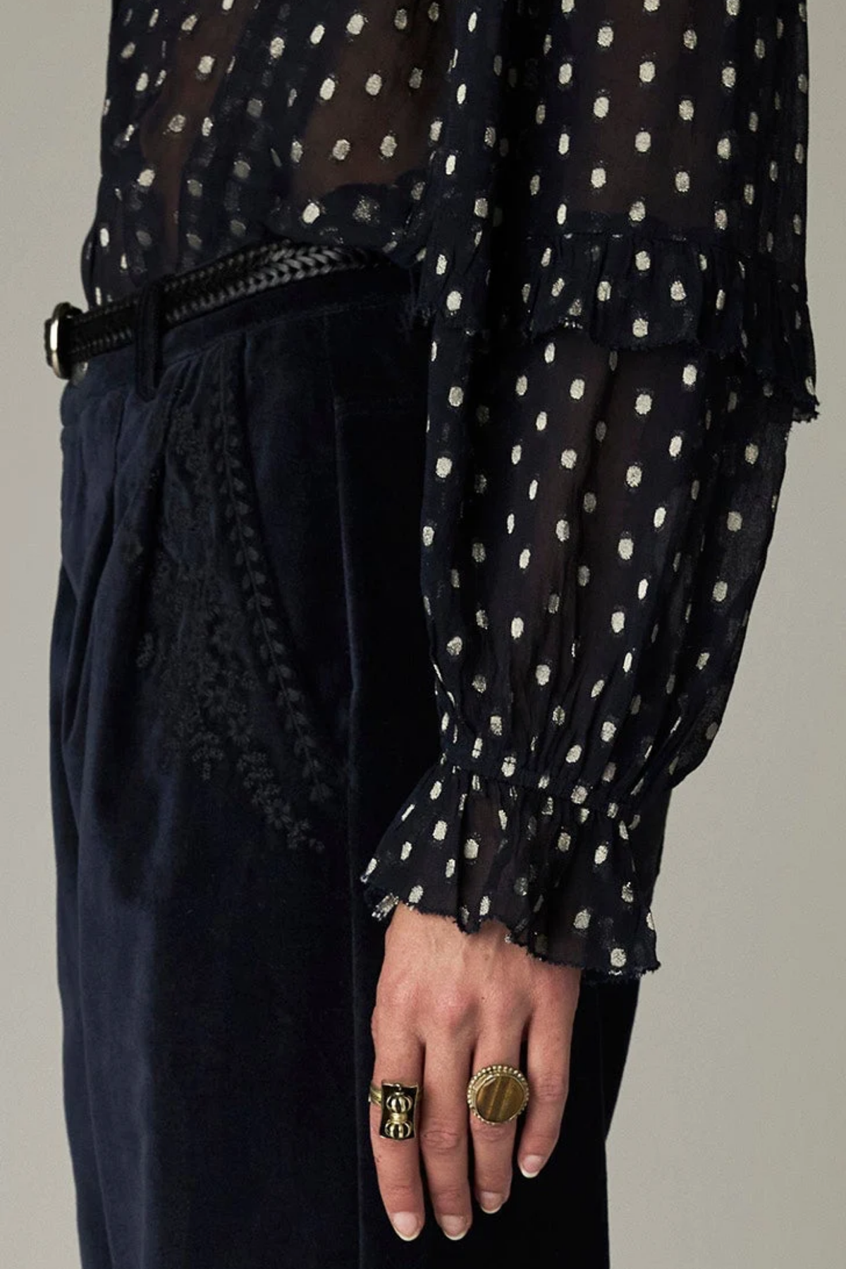Shop the Maison Hotel Simona Blouse in Sienna Navy at Dotique. A lightweight printed blouse with subtle lurex, ruffle detailing and button front.