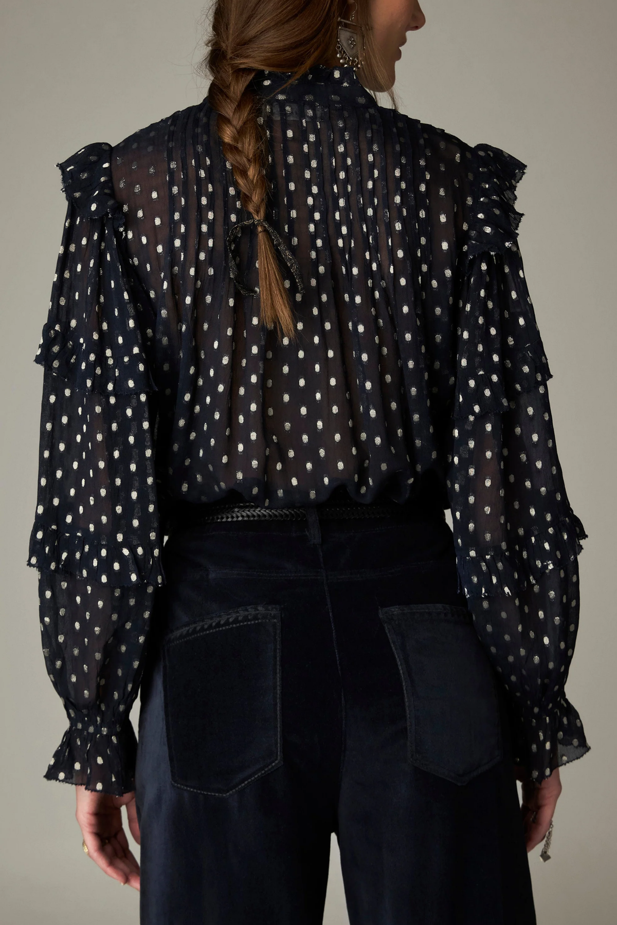 Shop the Maison Hotel Simona Blouse in Sienna Navy at Dotique. A lightweight printed blouse with subtle lurex, ruffle detailing and button front.