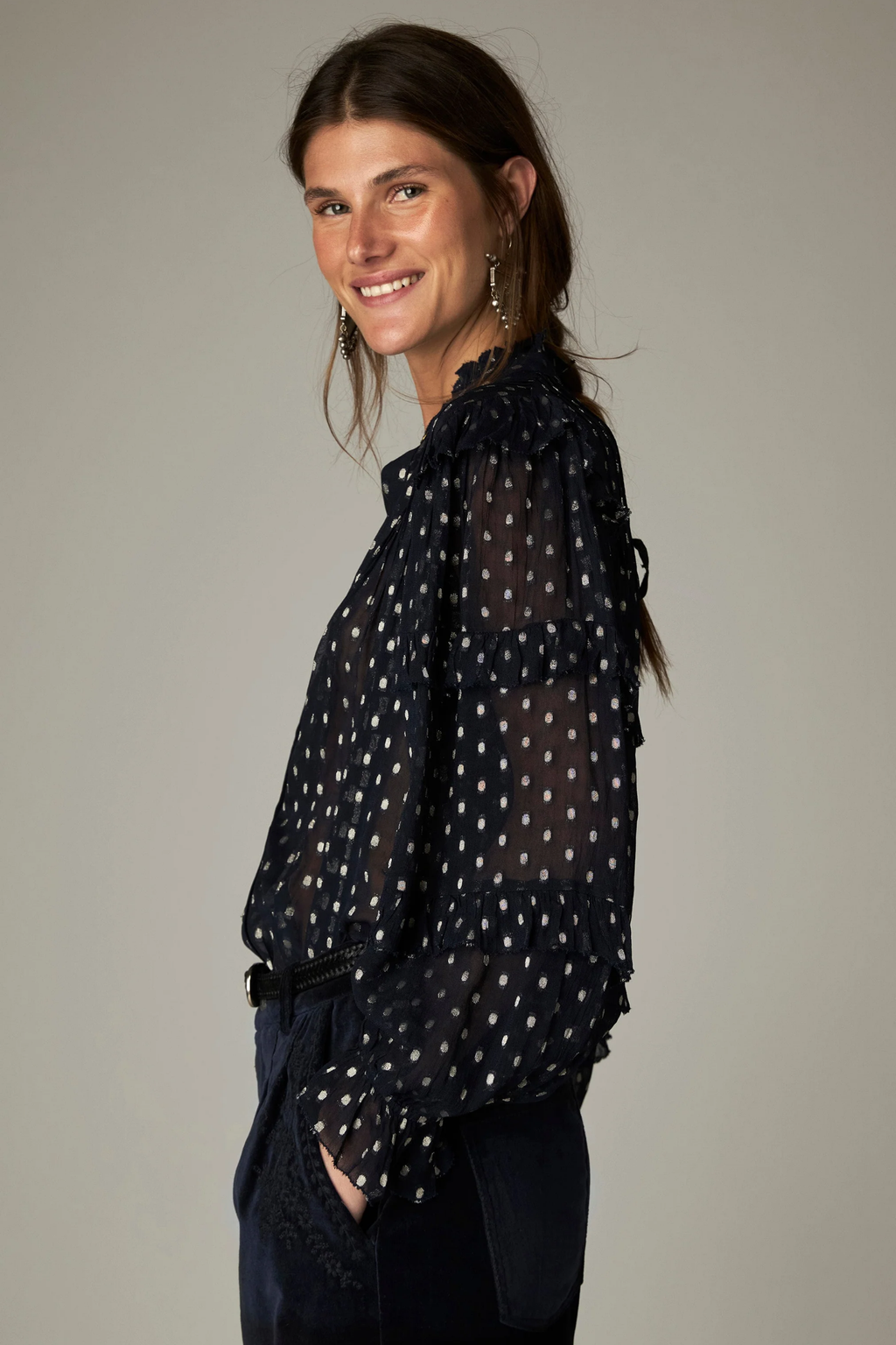 Shop the Maison Hotel Simona Blouse in Sienna Navy at Dotique. A lightweight printed blouse with subtle lurex, ruffle detailing and button front.