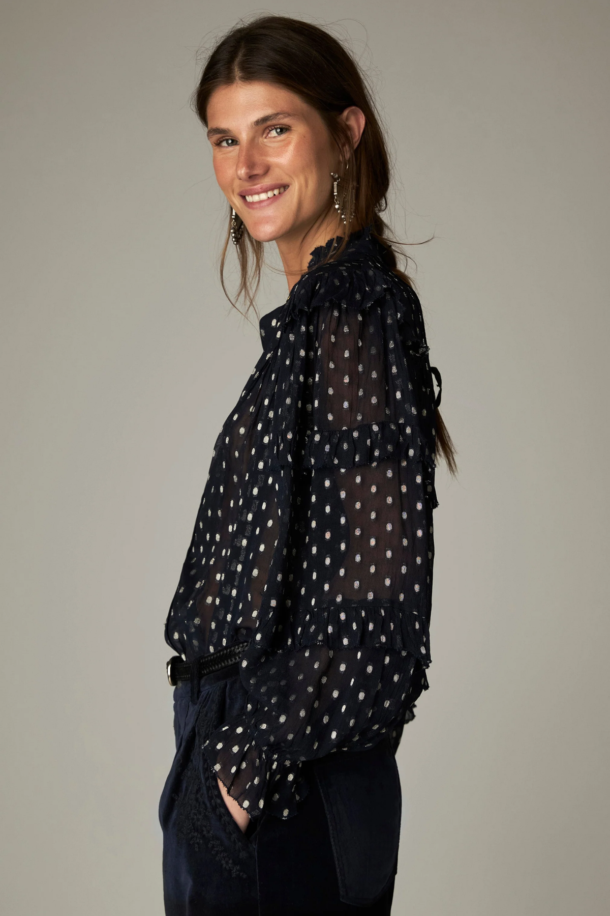 Shop the Maison Hotel Simona Blouse in Sienna Navy at Dotique. A lightweight printed blouse with subtle lurex, ruffle detailing and button front.