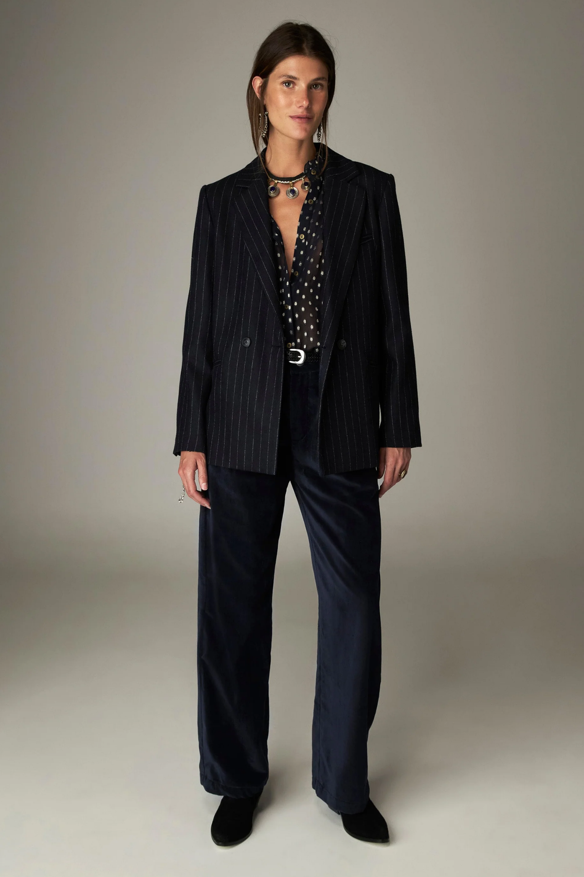 Shop the Maison Hotel Simona Blouse in Sienna Navy at Dotique. A lightweight printed blouse with subtle lurex, ruffle detailing and button front.