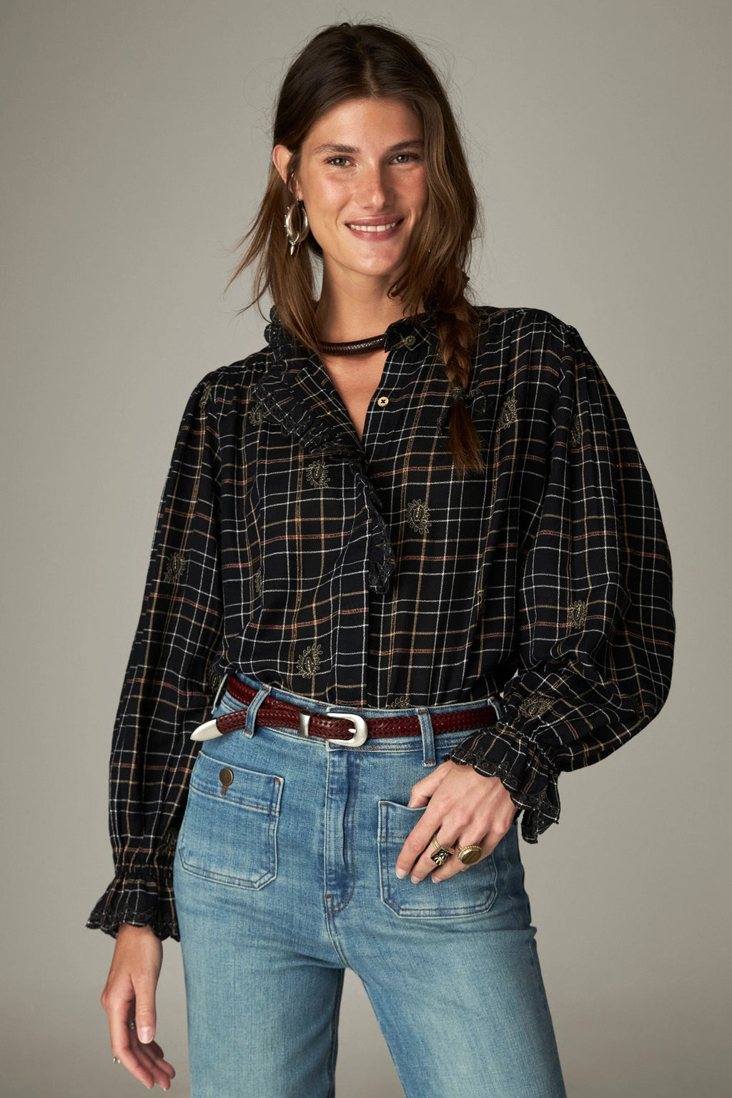 Shop the Maison Hotel Coco Blouse in Noir Plaid at Dotique. A checked cotton blouse with subtle lurex, embroidery and pretty ruffle detailing.