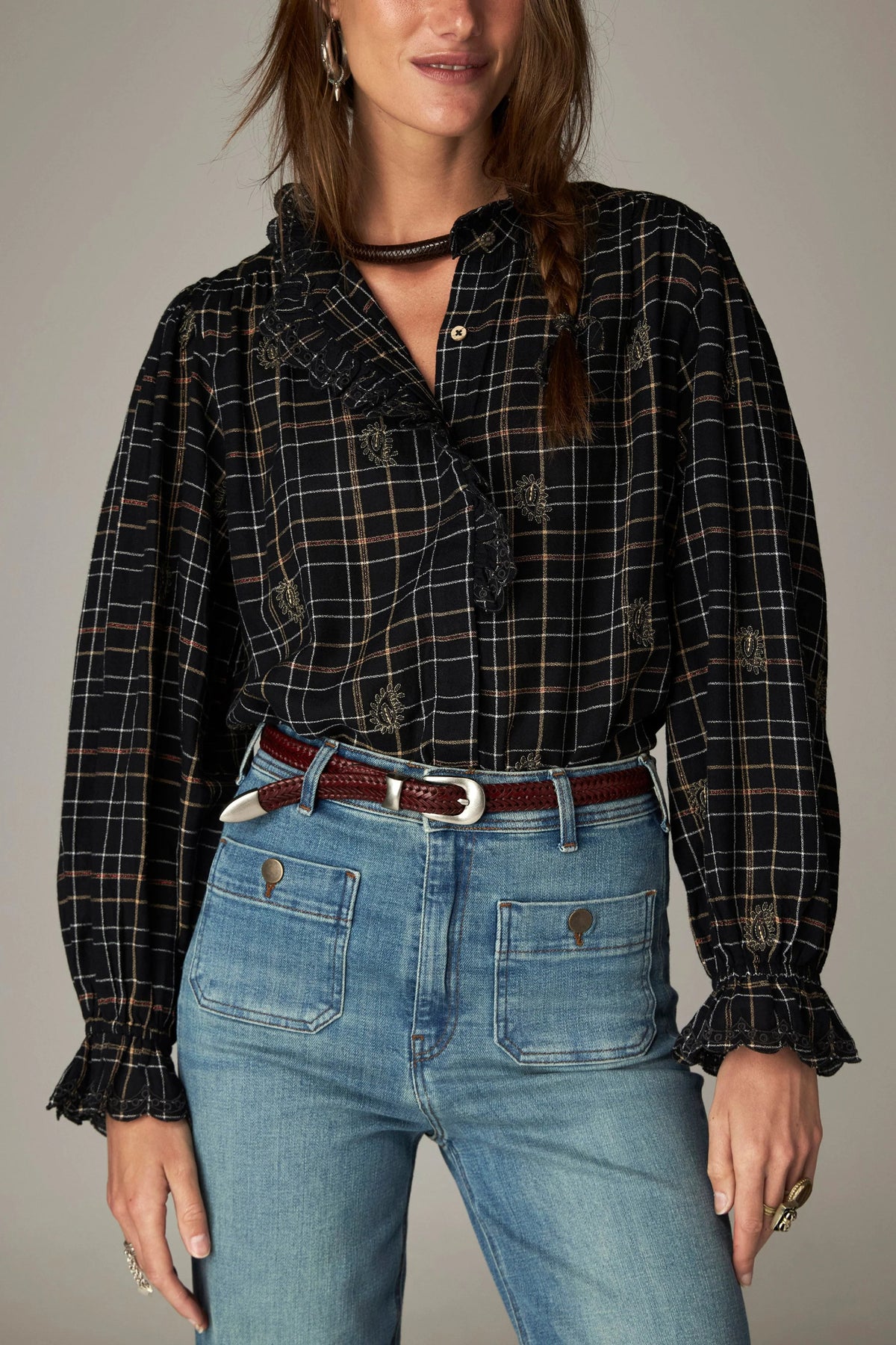 Shop the Maison Hotel Coco Blouse in Noir Plaid at Dotique. A checked cotton blouse with subtle lurex, embroidery and pretty ruffle detailing.