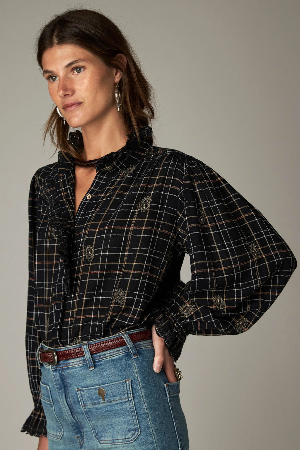 Shop the Maison Hotel Coco Blouse in Noir Plaid at Dotique. A checked cotton blouse with subtle lurex, embroidery and pretty ruffle detailing.
