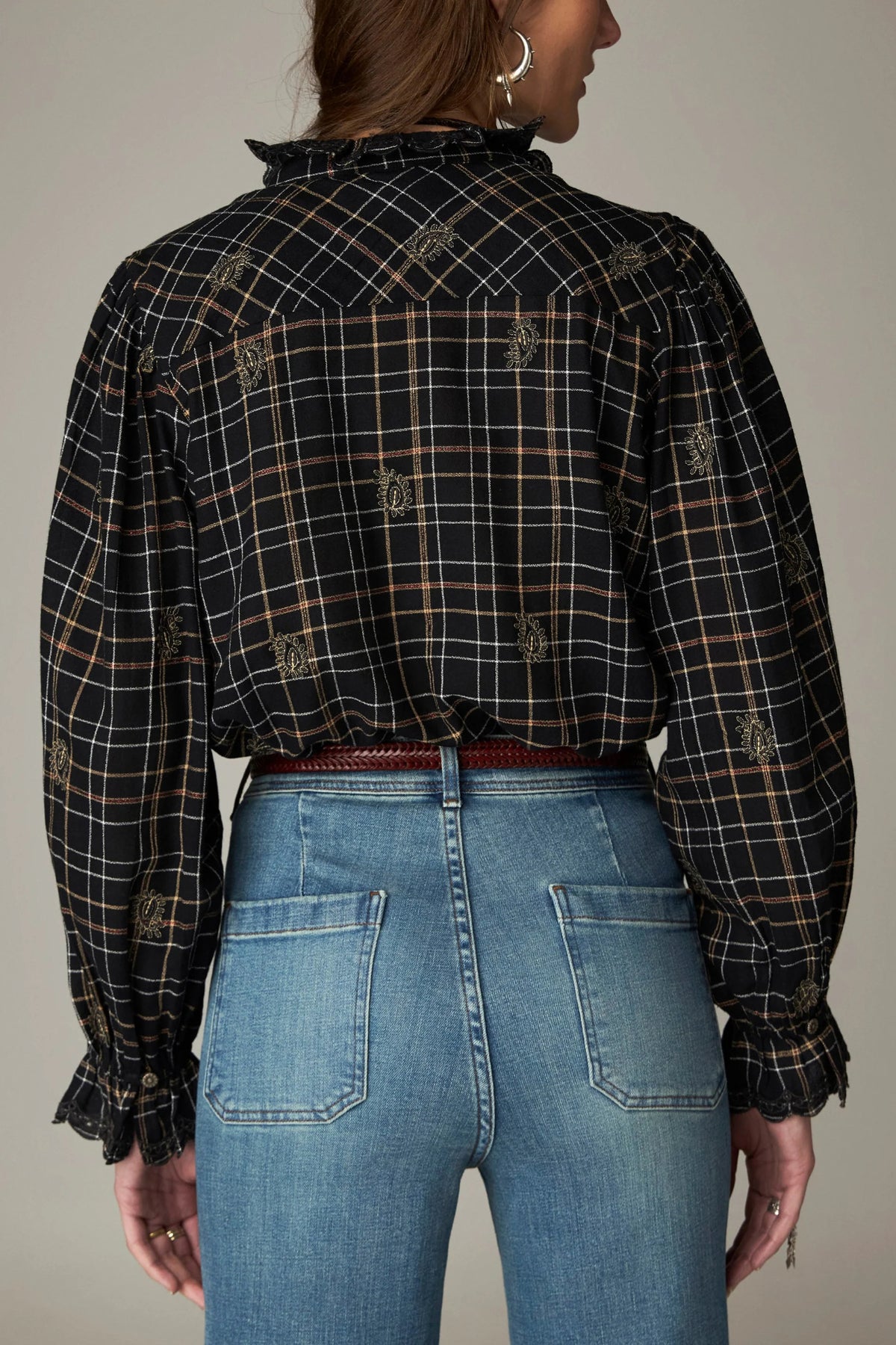 Shop the Maison Hotel Coco Blouse in Noir Plaid at Dotique. A checked cotton blouse with subtle lurex, embroidery and pretty ruffle detailing.