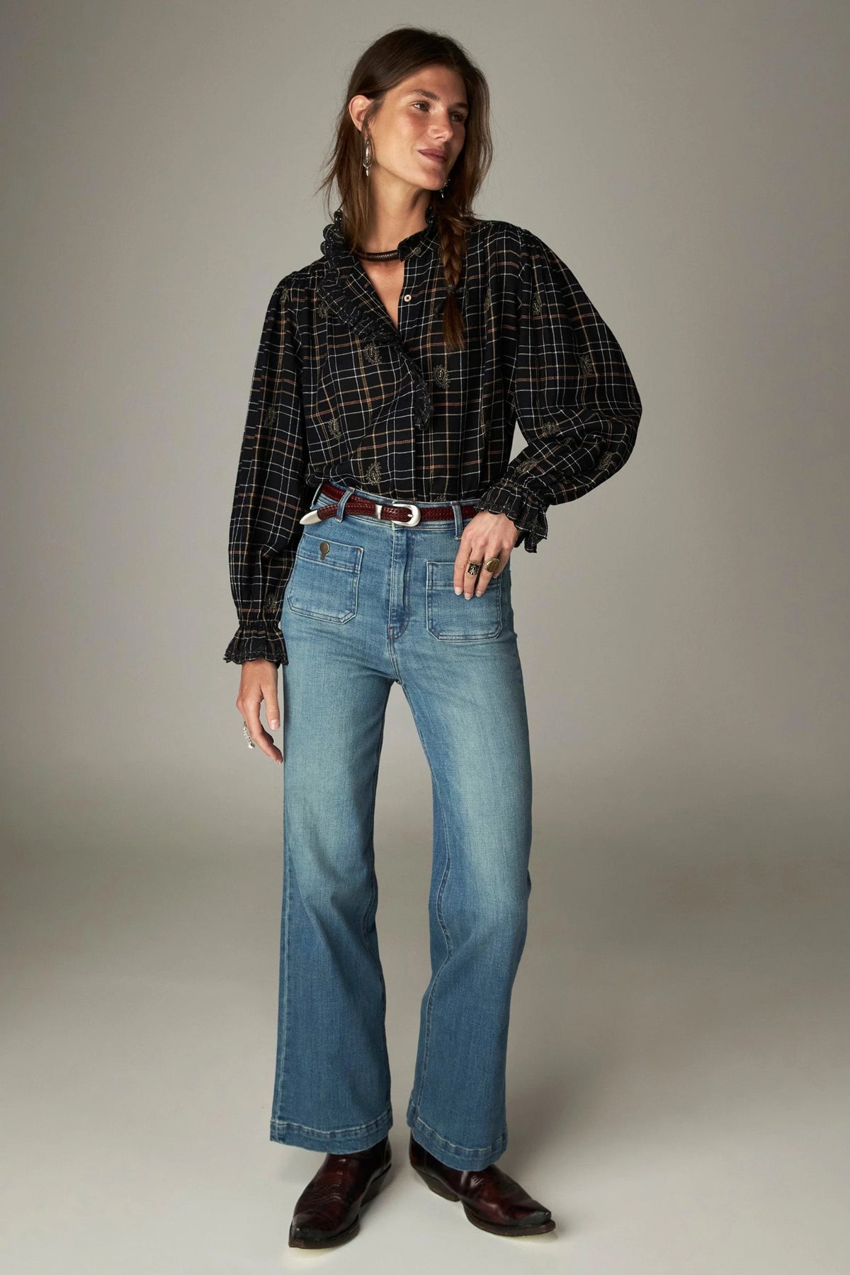 Shop the Maison Hotel Coco Blouse in Noir Plaid at Dotique. A checked cotton blouse with subtle lurex, embroidery and pretty ruffle detailing.